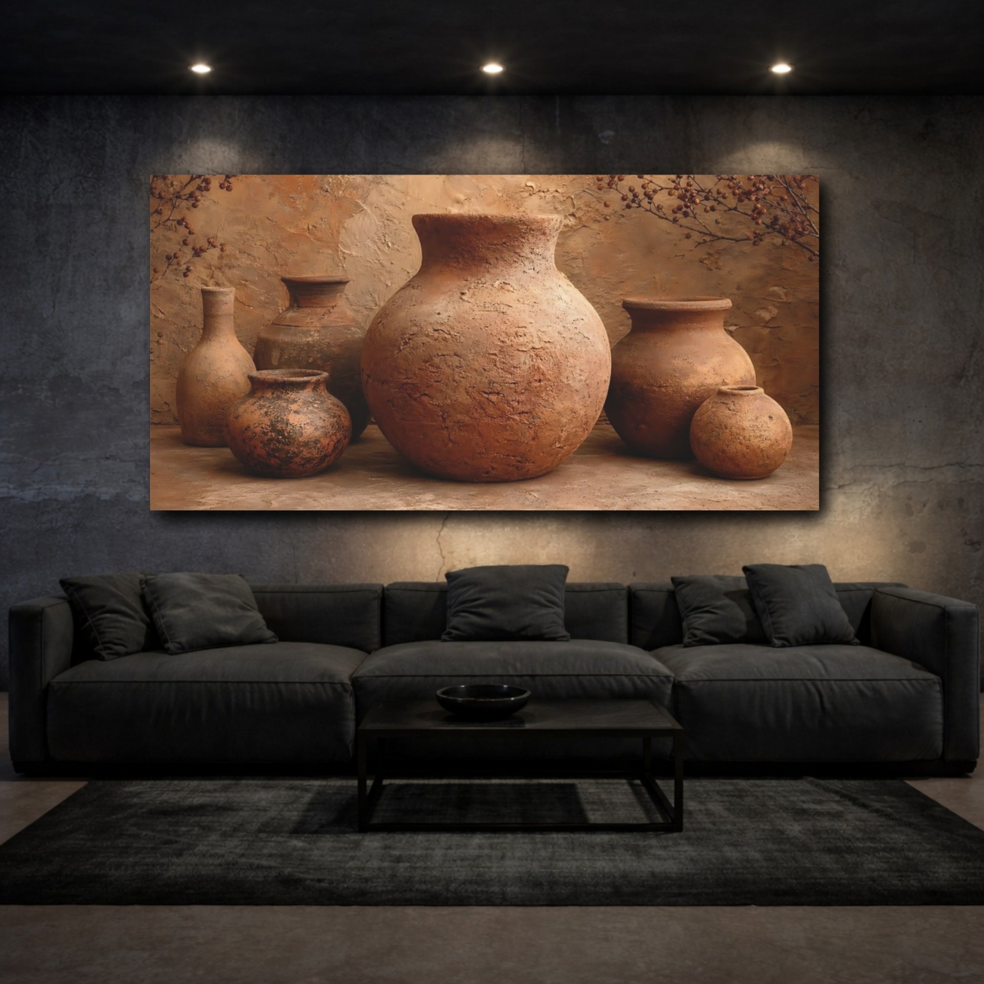 Mockup 2. Vintage Terracotta Pottery Terracotta And Brown shown as stretched canvas wall art