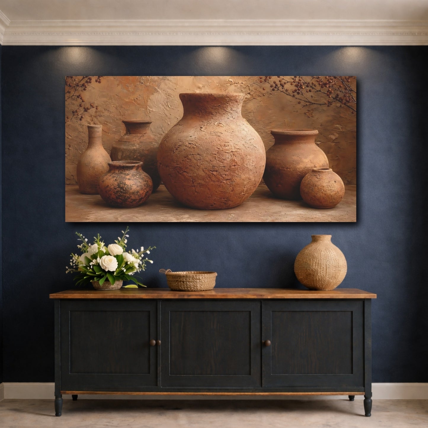 Mockup 4. Vintage Terracotta Pottery Terracotta And Brown shown as stretched canvas wall art
