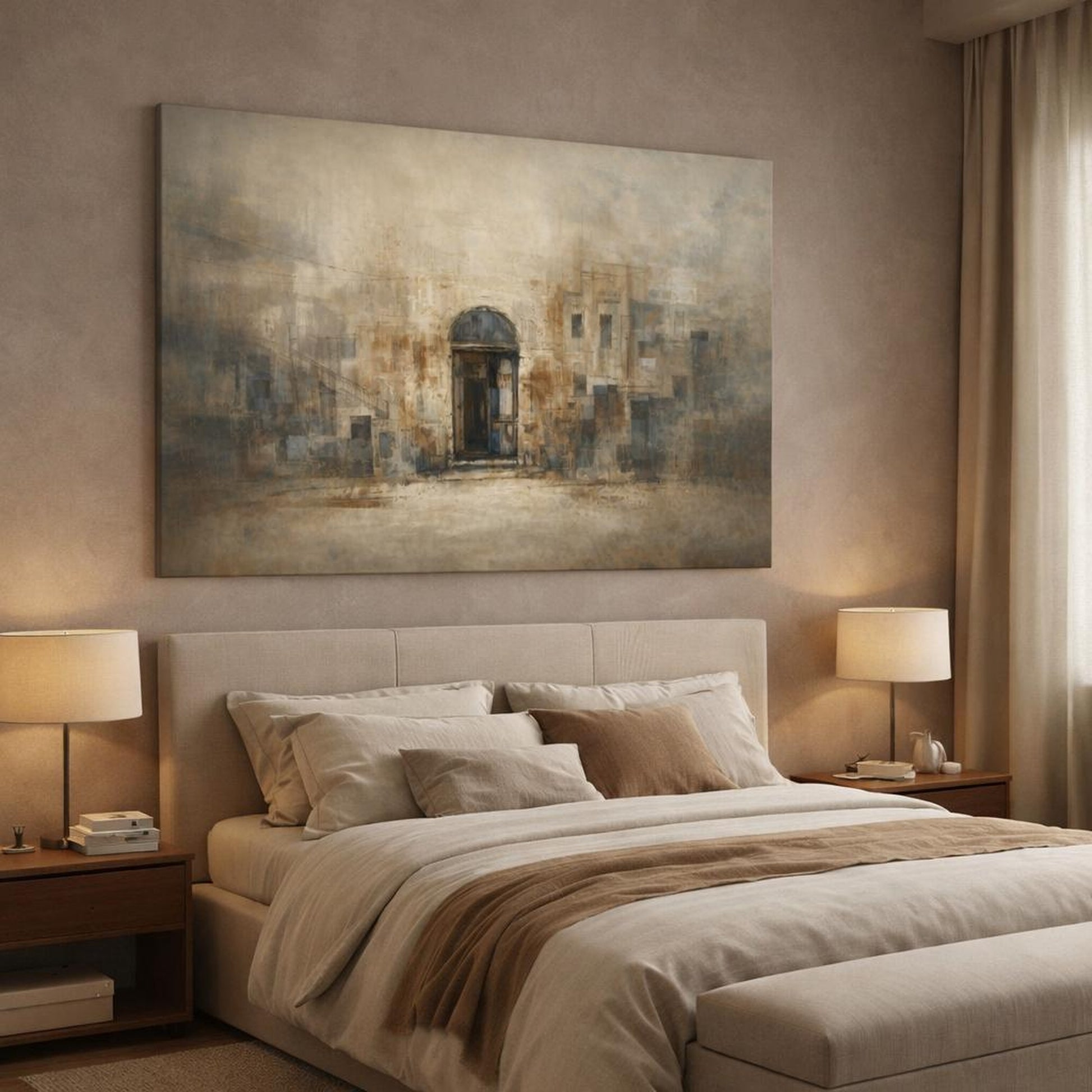 Vintage Textured Urban Abstract shown as canvas wall art in a luxury bedroom