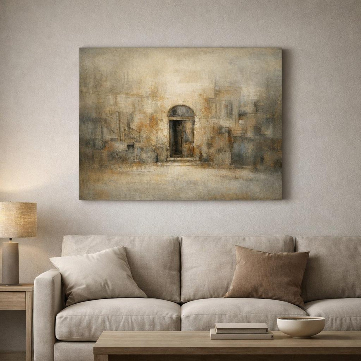 Vintage Textured Urban Abstract shown as canvas wall art in a luxury executive office