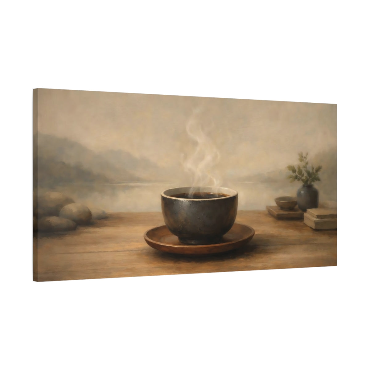 Side Mockup 1. Nature Steaming Cup Warm Neutral Tones shown as stretched canvas wall art