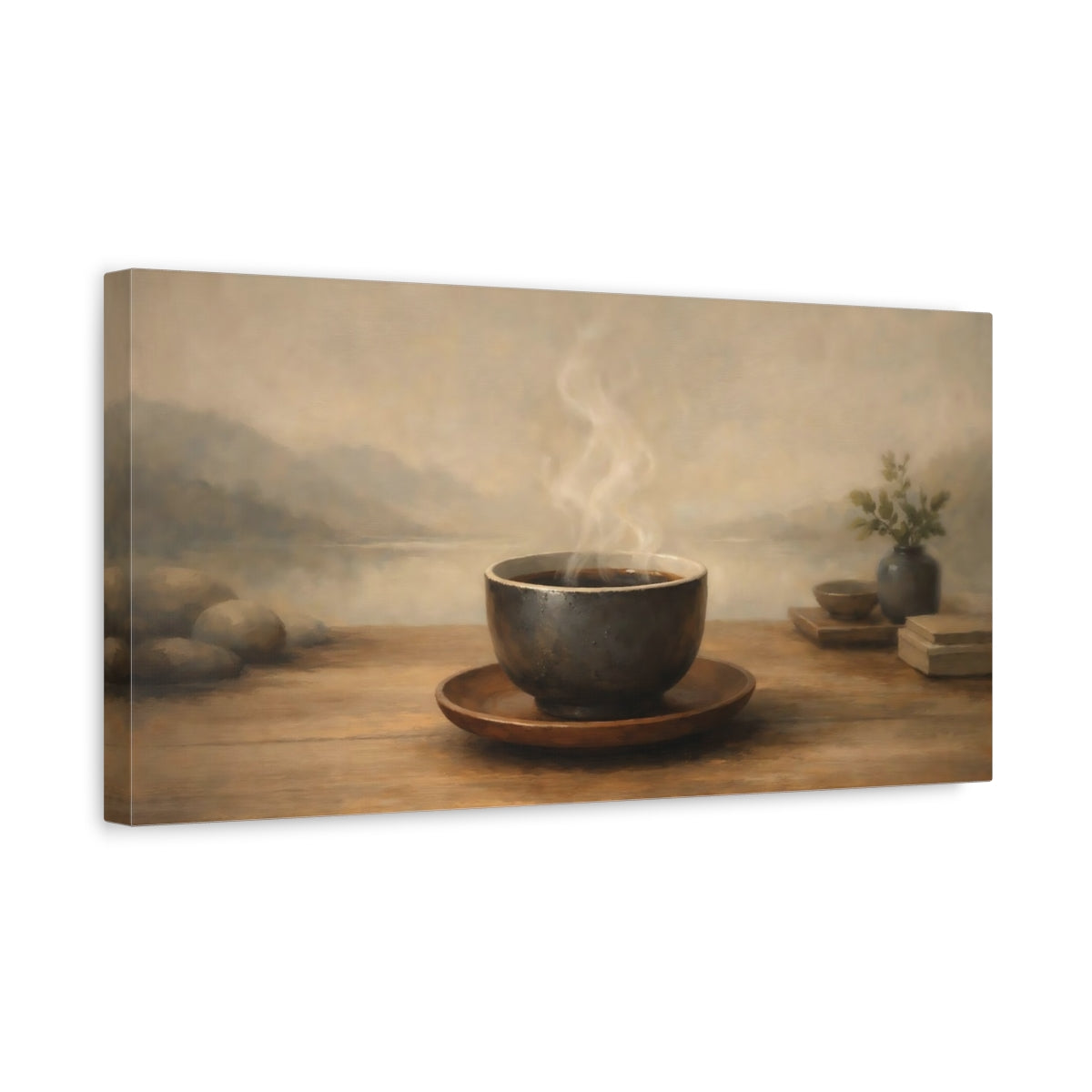Side Mockup 3. Nature Steaming Cup Warm Neutral Tones shown as stretched canvas wall art
