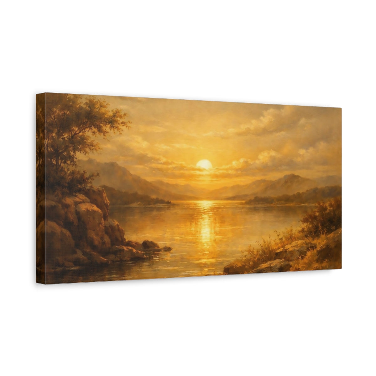Side Mockup 3. Nature Sunset Lake Golden Sunset shown as stretched canvas wall art