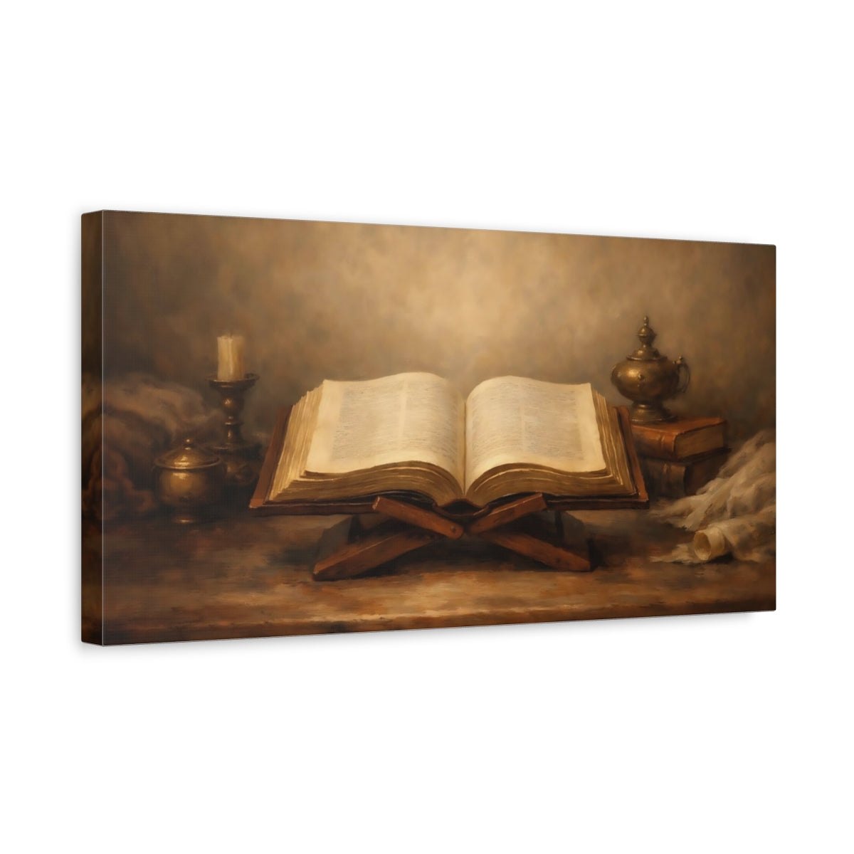 Side Mockup 3. Religious Open Book Brown And Gold shown as stretched canvas wall art