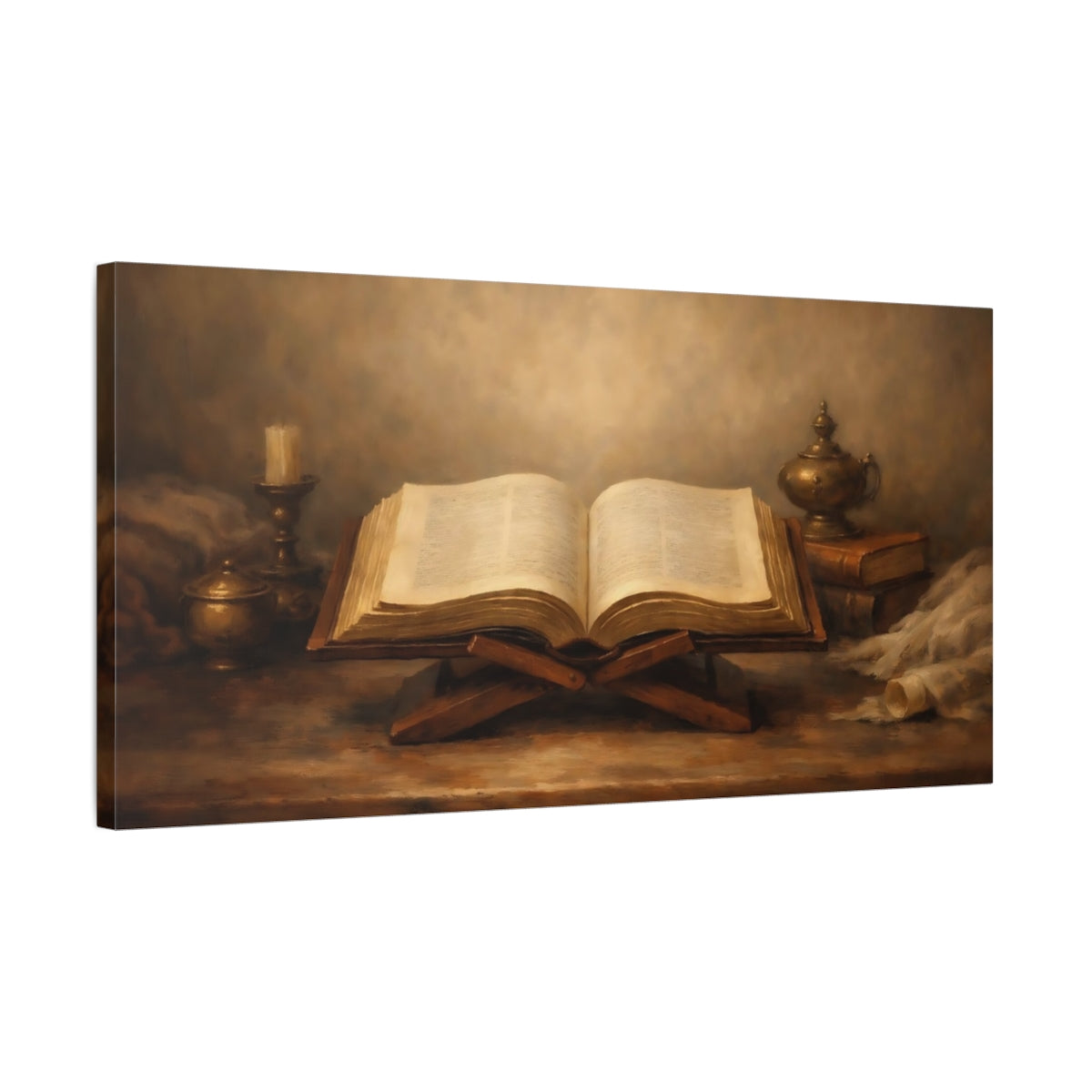 Side Mockup 2. Religious Open Book Brown And Gold shown as stretched canvas wall art