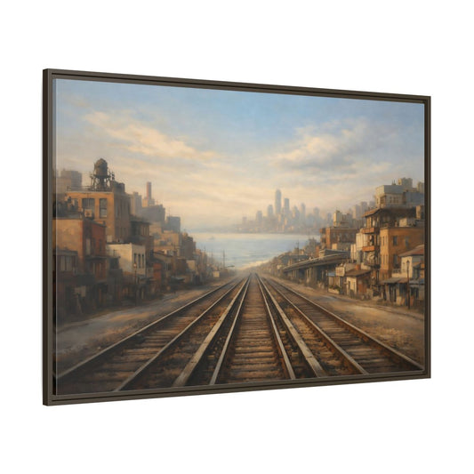 Main Mockup. Vintage Train Tracks Brown And Blue Cityscape shown as stretched canvas wall art