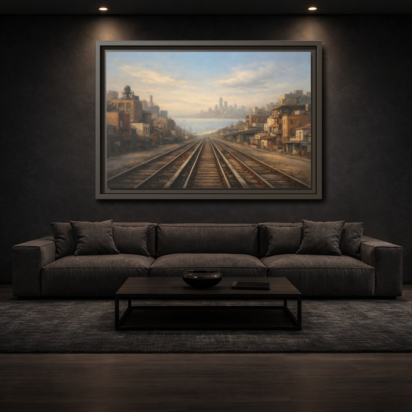 Mockup 2. Vintage Train Tracks Brown And Blue Cityscape shown as stretched canvas wall art
