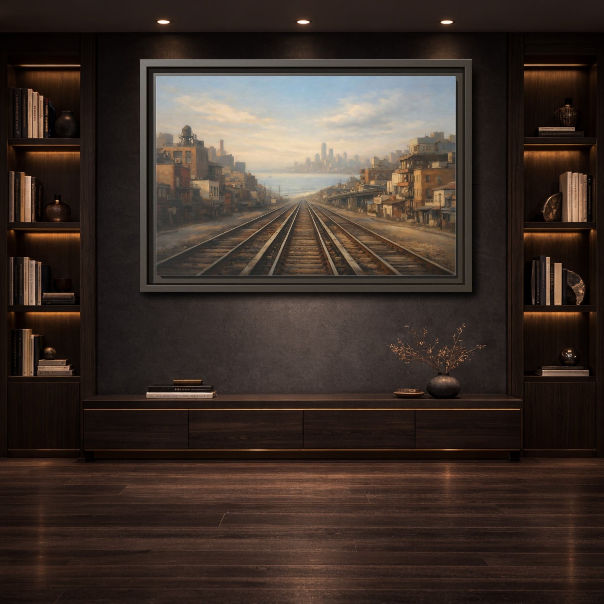 Mockup 3. Vintage Train Tracks Brown And Blue Cityscape shown as stretched canvas wall art