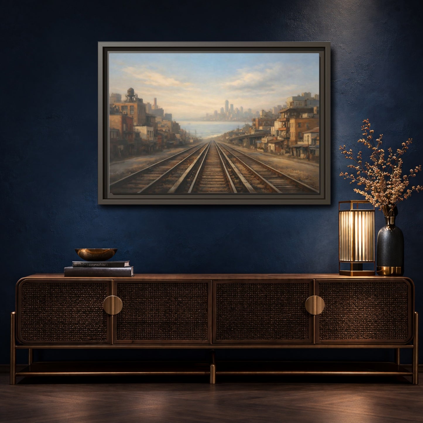 Mockup 4. Vintage Train Tracks Brown And Blue Cityscape shown as stretched canvas wall art