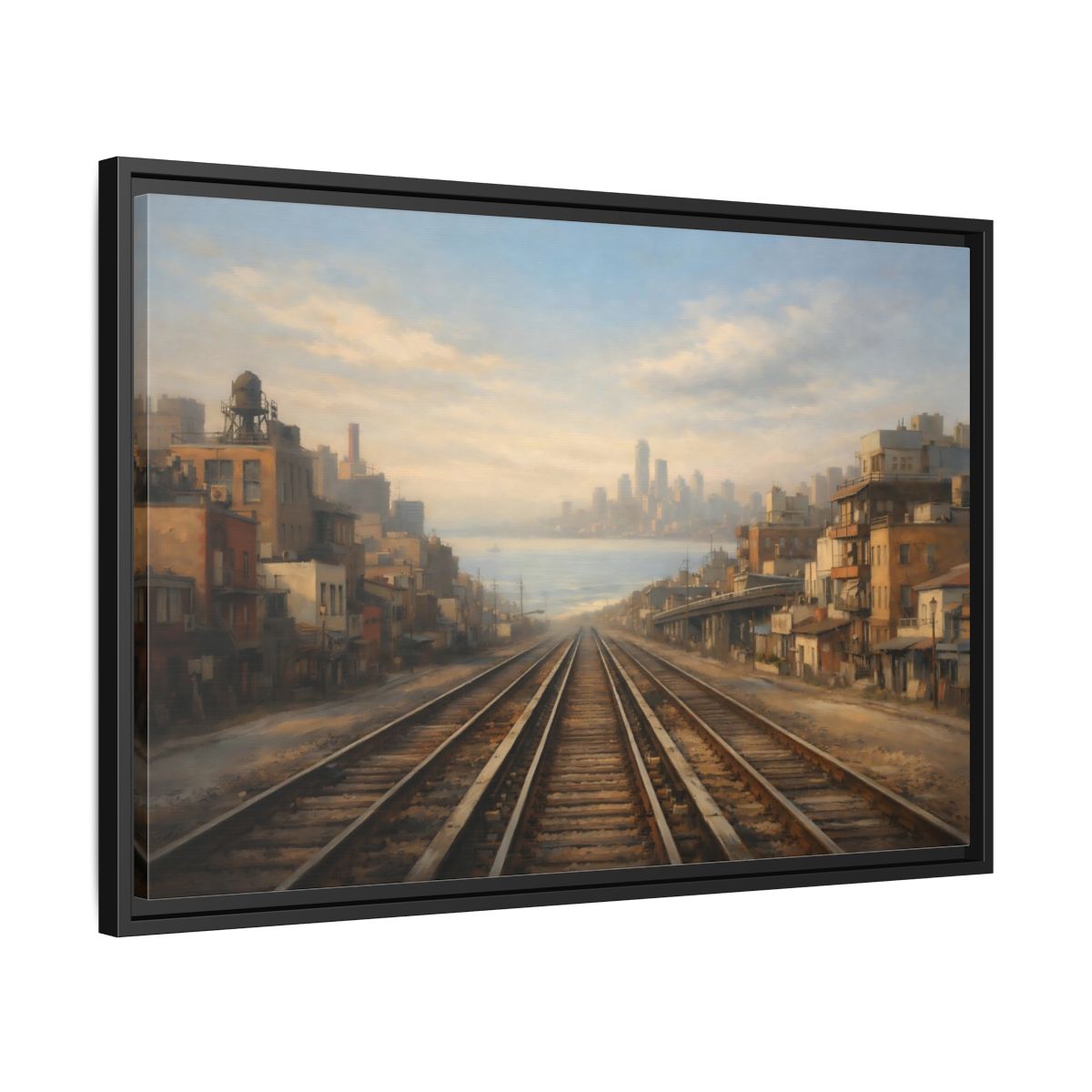 Side Mockup 14. Vintage Train Tracks Brown And Blue Cityscape shown as stretched canvas wall art