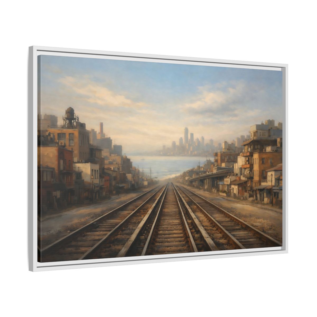 Side Mockup 8. Vintage Train Tracks Brown And Blue Cityscape shown as stretched canvas wall art