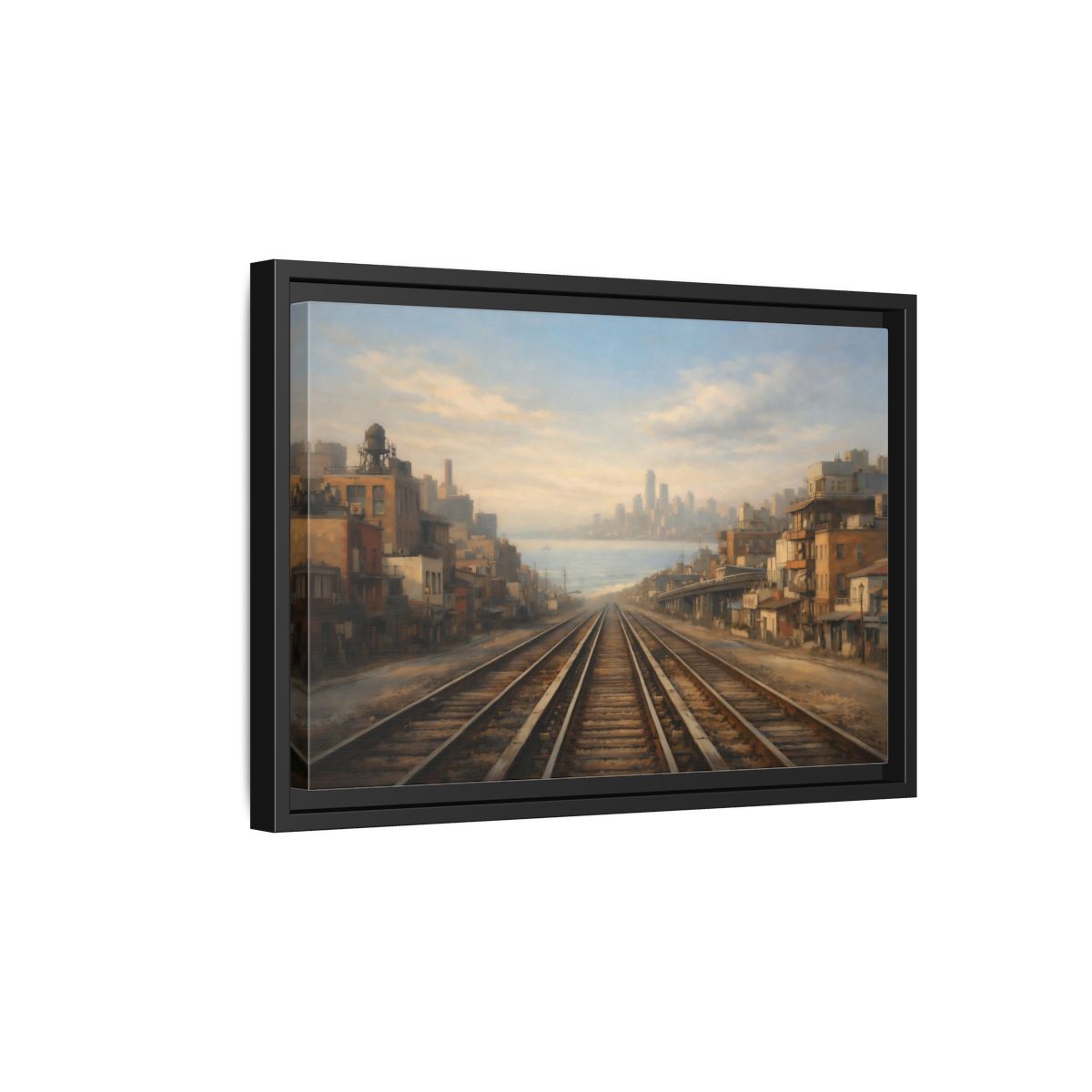 Side Mockup 6. Vintage Train Tracks Brown And Blue Cityscape shown as stretched canvas wall art