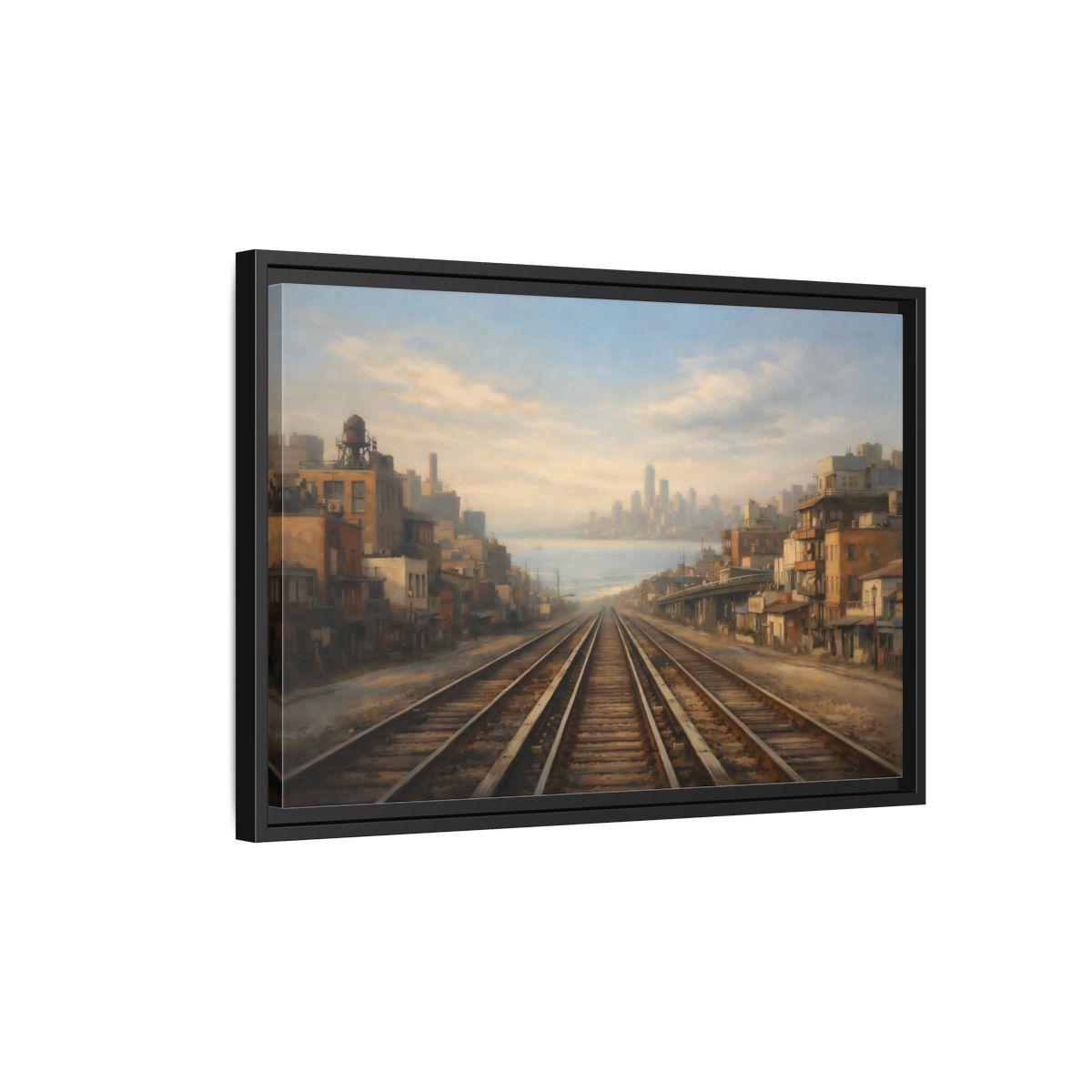 Side Mockup 3. Vintage Train Tracks Brown And Blue Cityscape shown as stretched canvas wall art