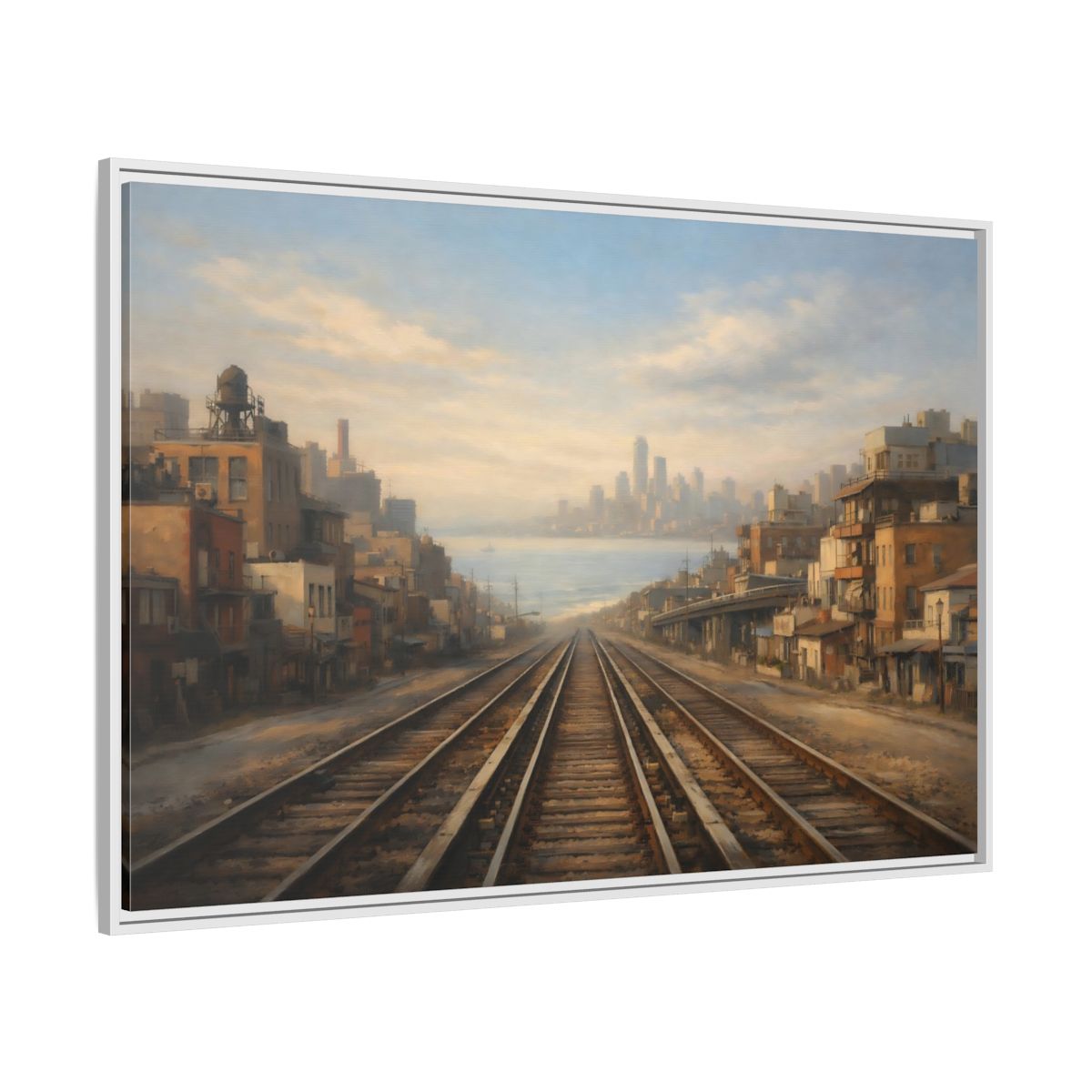 Side Mockup 7. Vintage Train Tracks Brown And Blue Cityscape shown as stretched canvas wall art