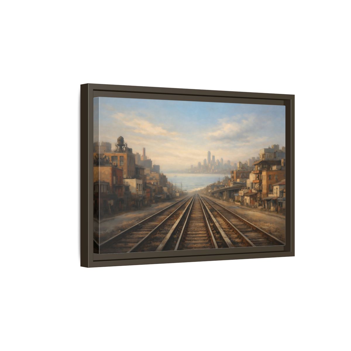 Side Mockup 5. Vintage Train Tracks Brown And Blue Cityscape shown as stretched canvas wall art