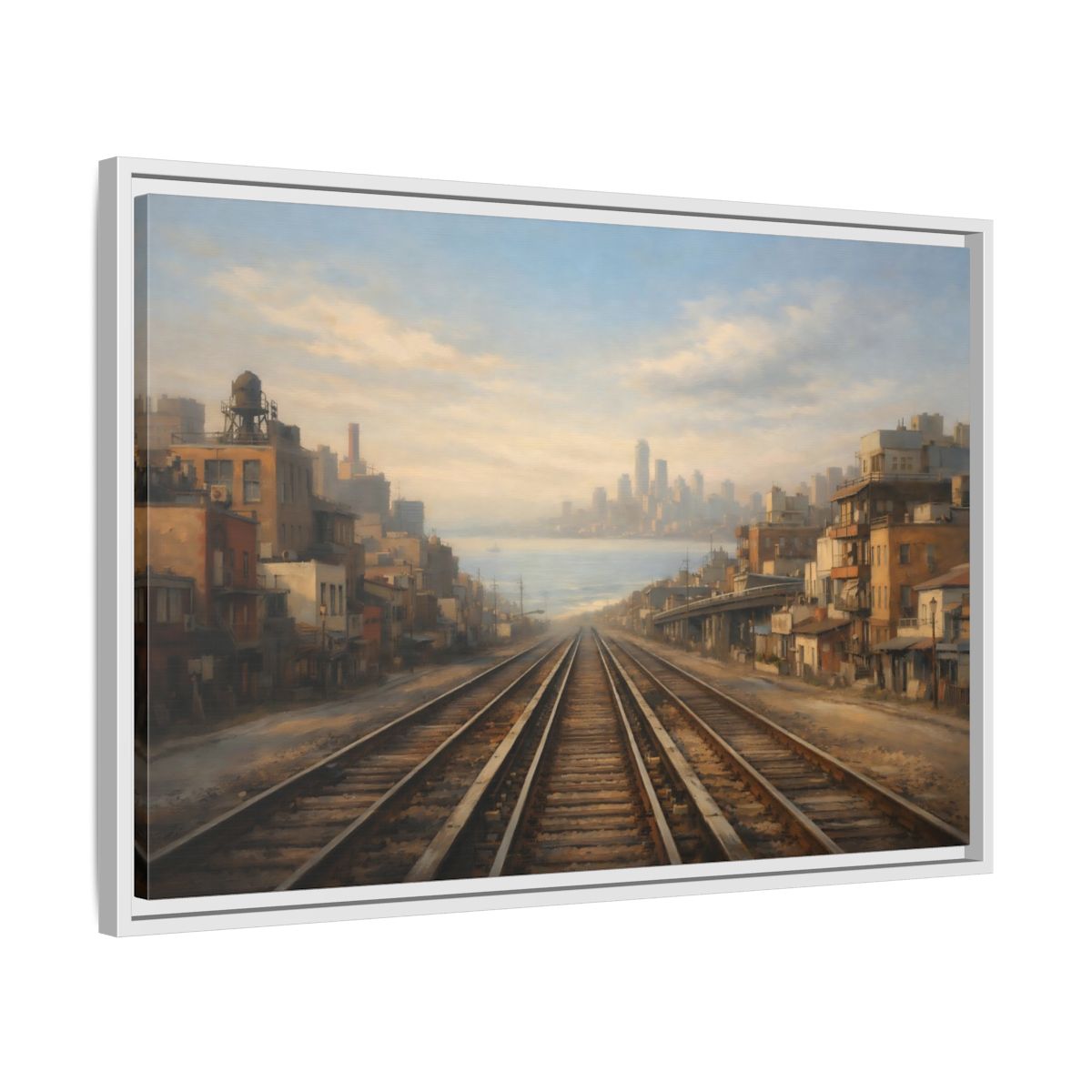 Side Mockup 10. Vintage Train Tracks Brown And Blue Cityscape shown as stretched canvas wall art