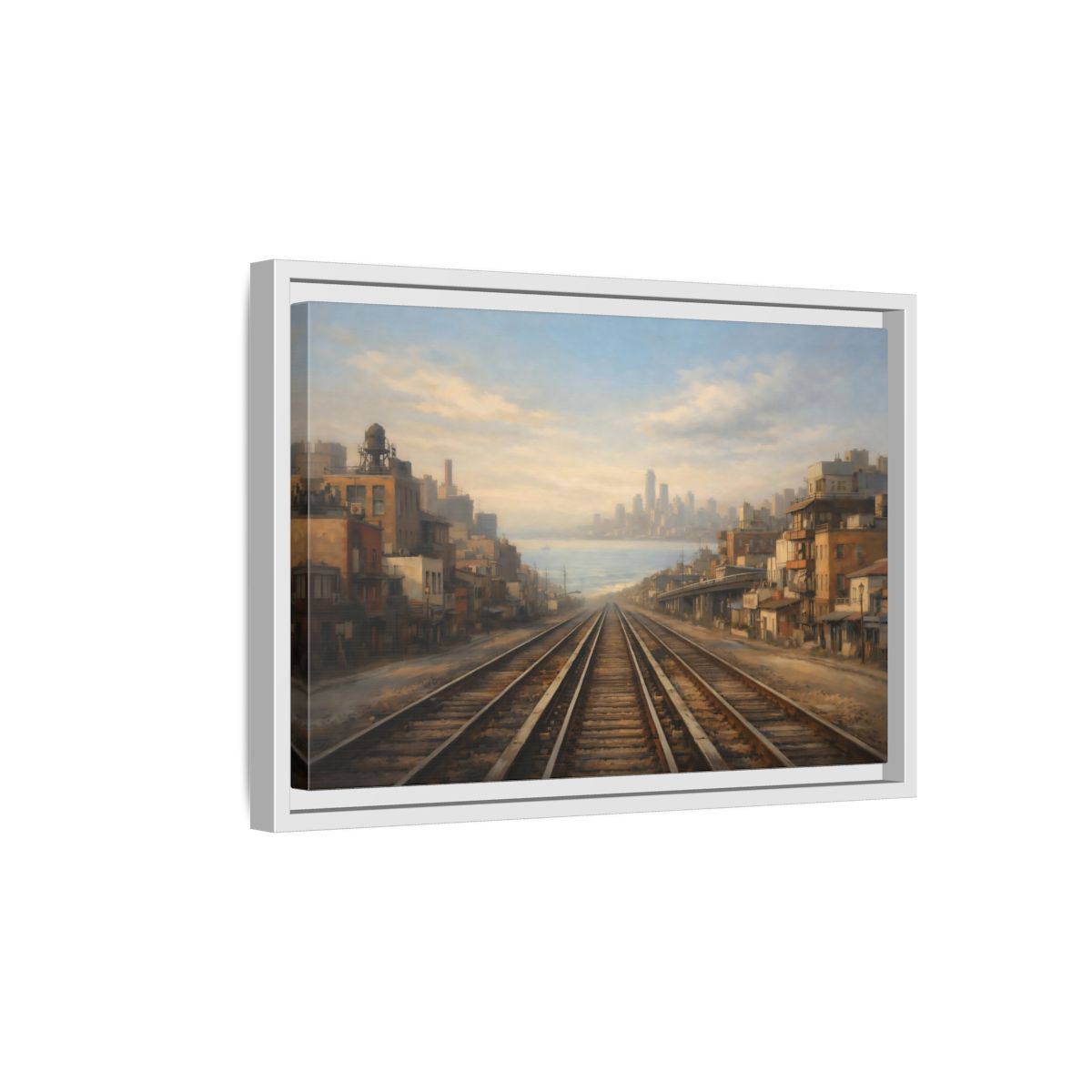 Side Mockup 4. Vintage Train Tracks Brown And Blue Cityscape shown as stretched canvas wall art