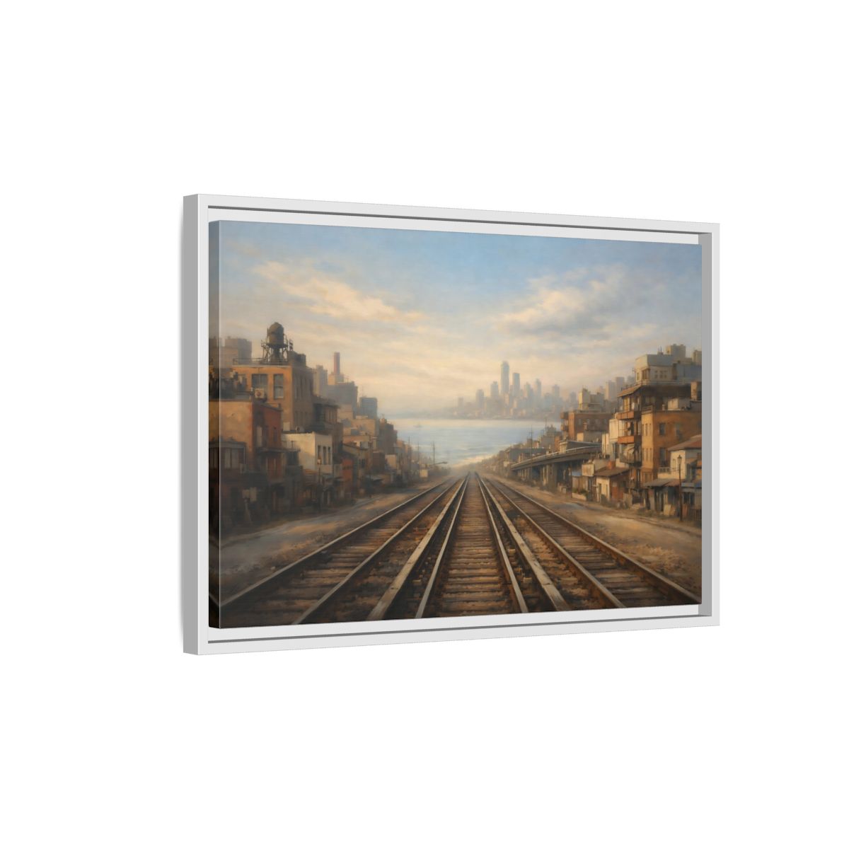 Side Mockup 1. Vintage Train Tracks Brown And Blue Cityscape shown as stretched canvas wall art