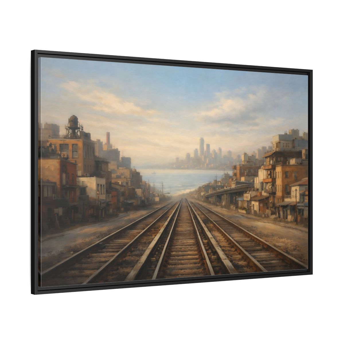 Side Mockup 12. Vintage Train Tracks Brown And Blue Cityscape shown as stretched canvas wall art