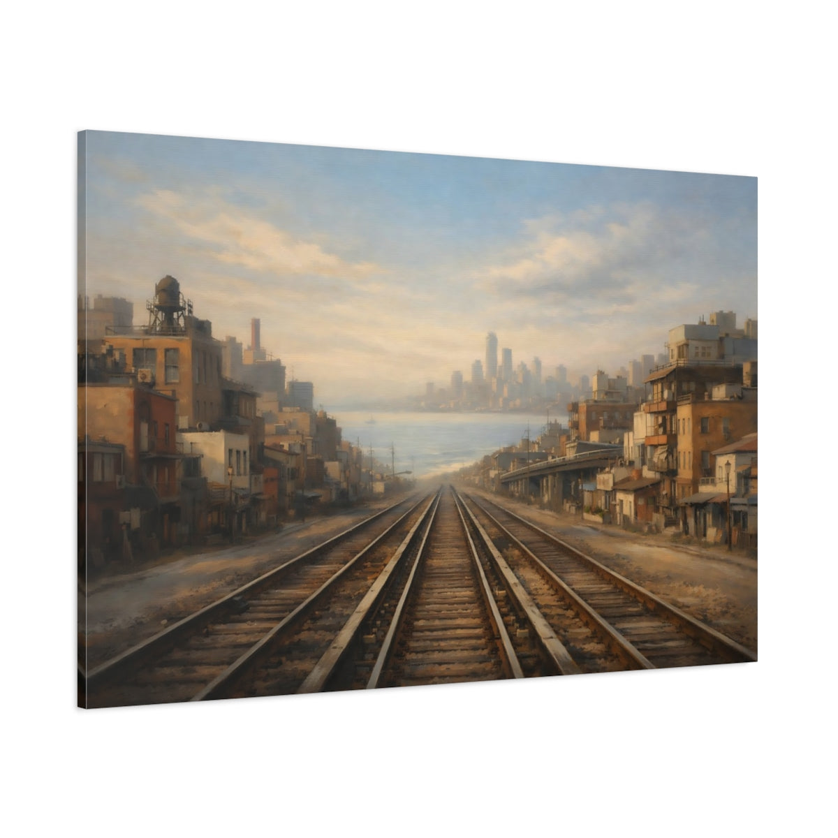 Main Mockup. Vintage Train Tracks Coastal Cityscape shown as stretched canvas wall art