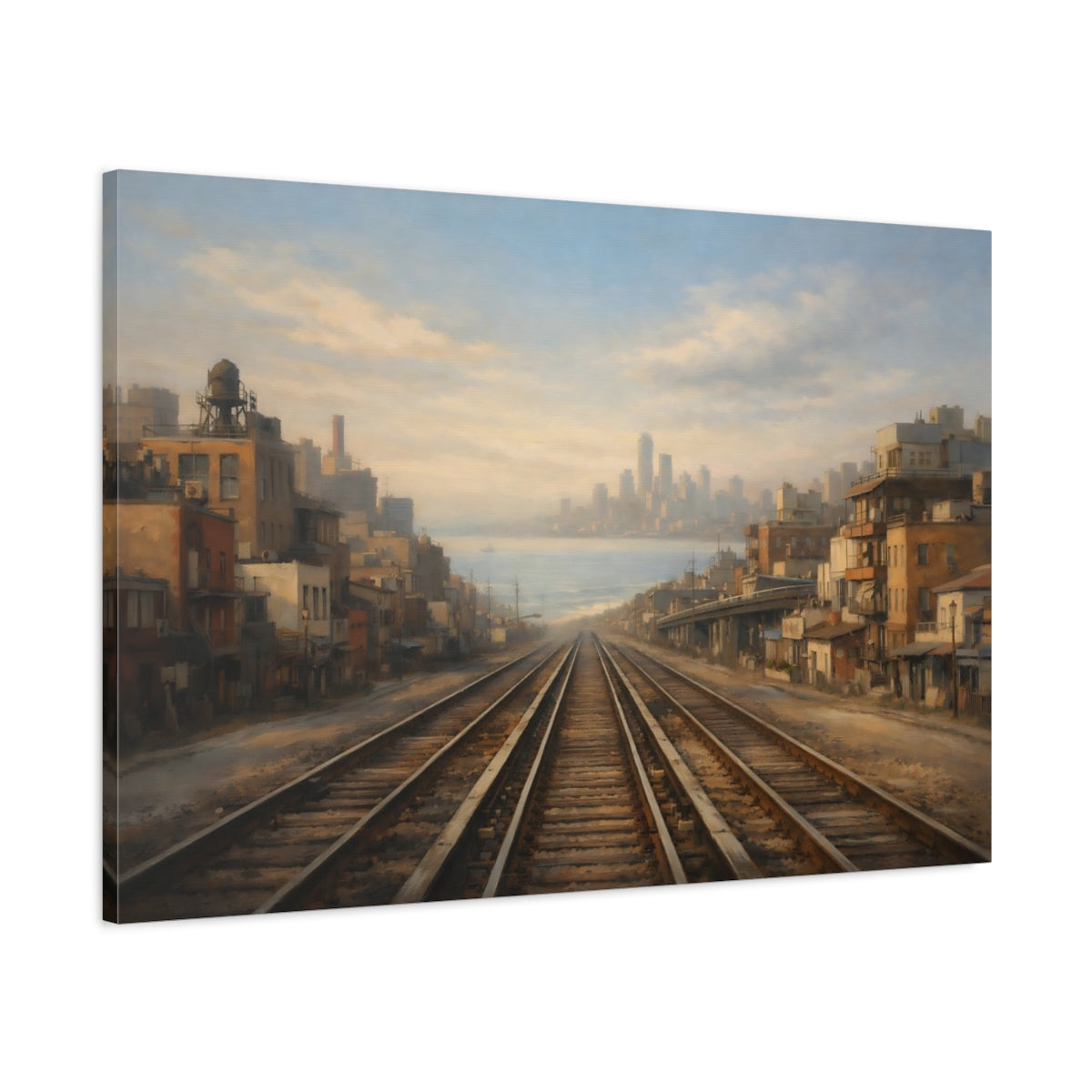 Side Mockup 1. Vintage Train Tracks Coastal Cityscape shown as stretched canvas wall art