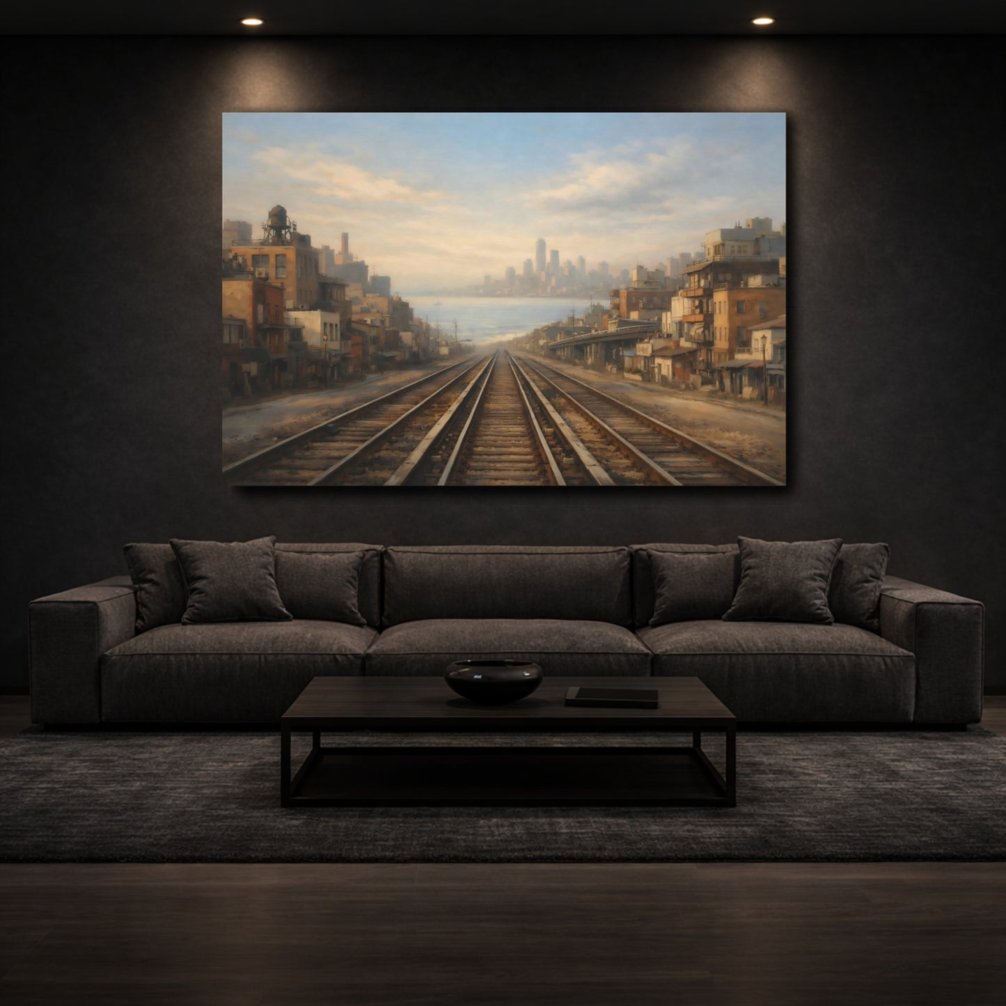 Mockup 2. Vintage Train Tracks Coastal Cityscape shown as stretched canvas wall art