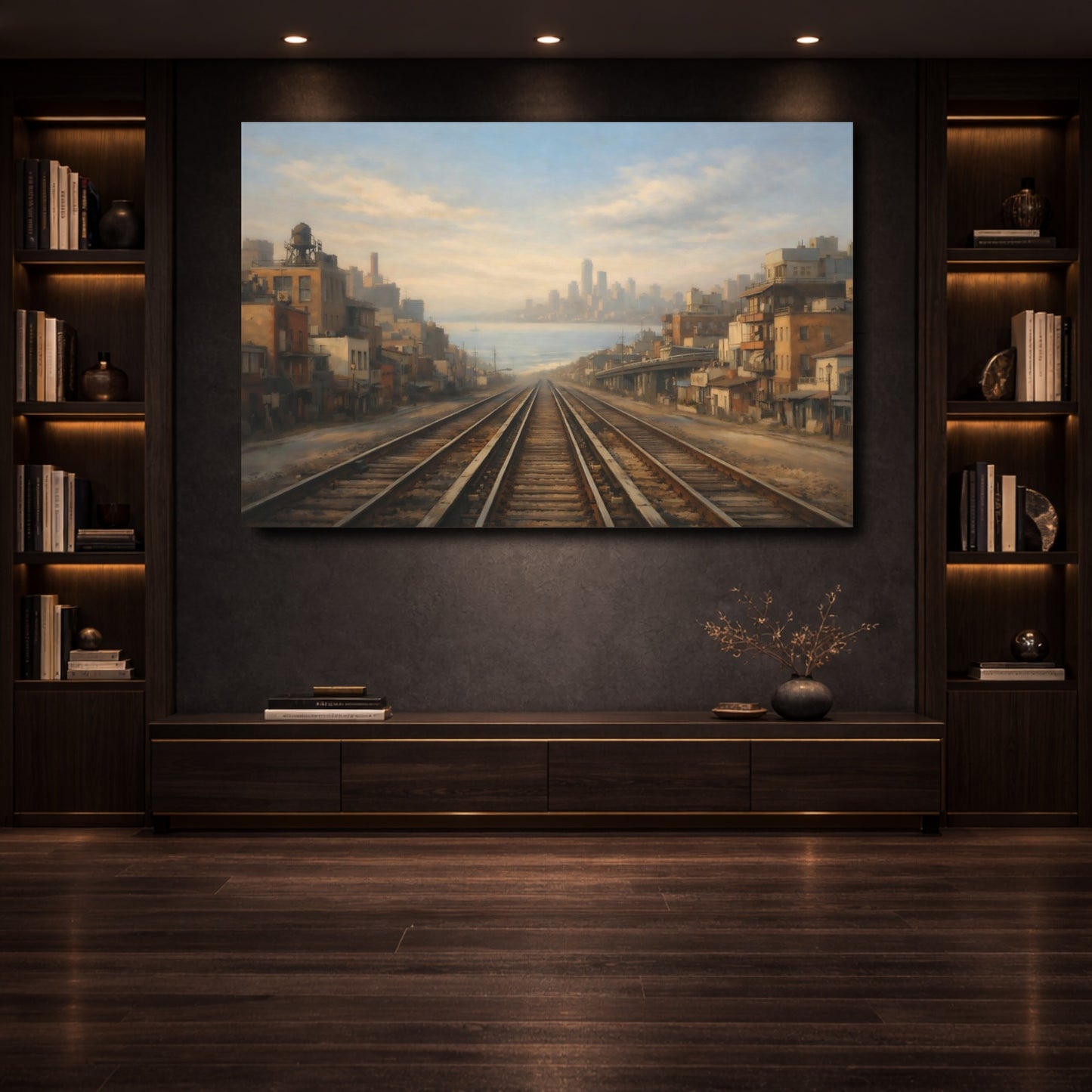 Mockup 3. Vintage Train Tracks Coastal Cityscape shown as stretched canvas wall art