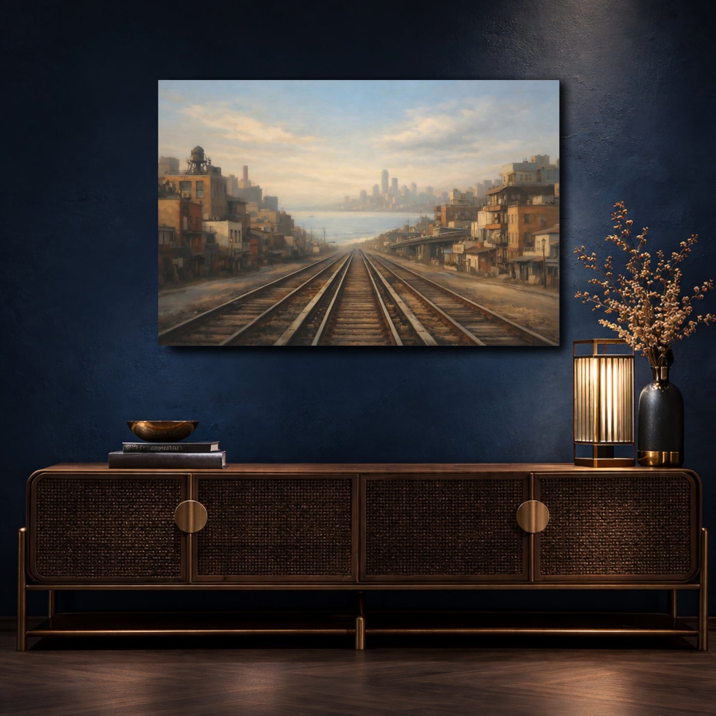 Mockup 4. Vintage Train Tracks Coastal Cityscape shown as stretched canvas wall art