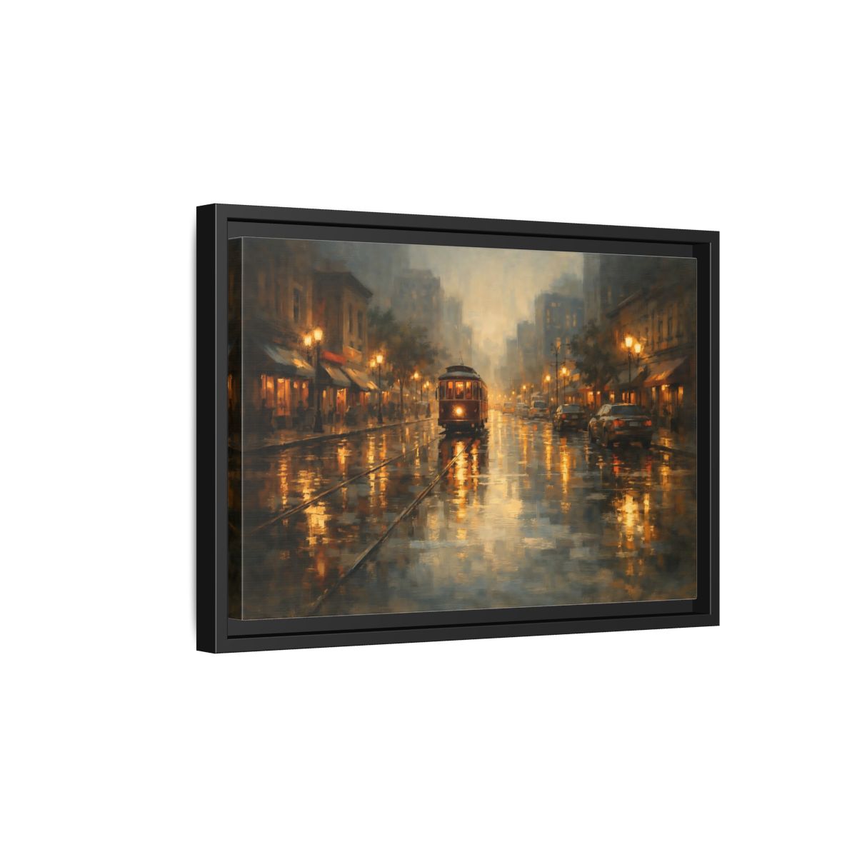 Side Mockup 6. Vintage Tram Warm Orange City shown as stretched canvas wall art
