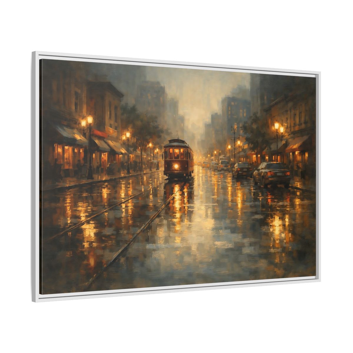 Side Mockup 7. Vintage Tram Warm Orange City shown as stretched canvas wall art