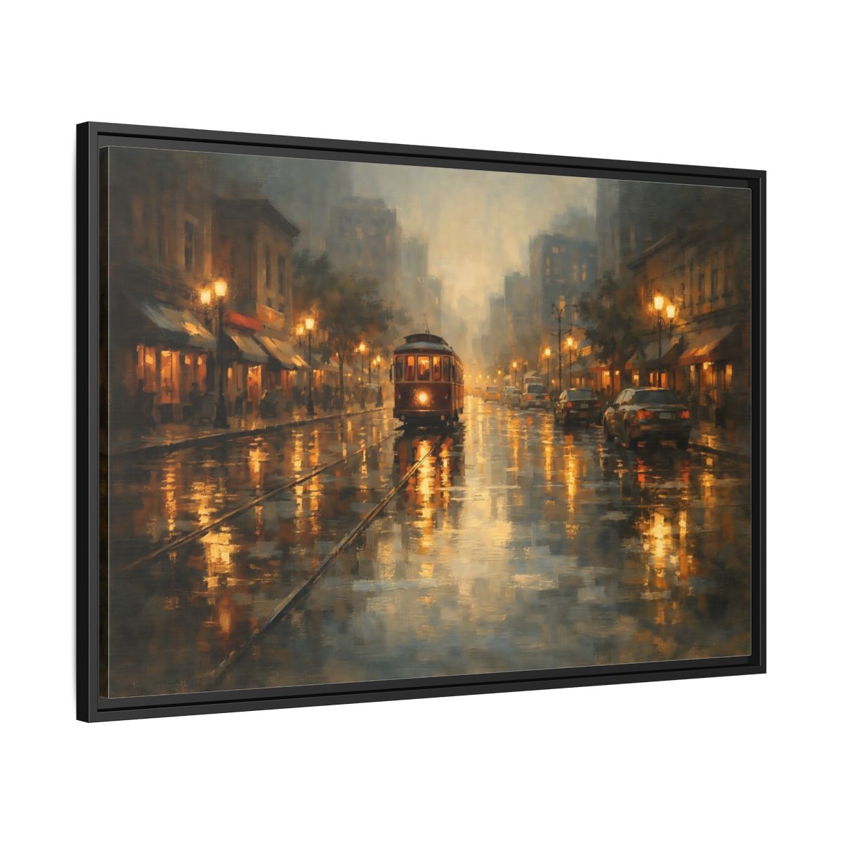 Side Mockup 13. Vintage Tram Warm Orange City shown as stretched canvas wall art