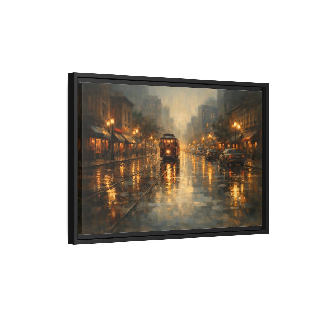 Side Mockup 3. Vintage Tram Warm Orange City shown as stretched canvas wall art