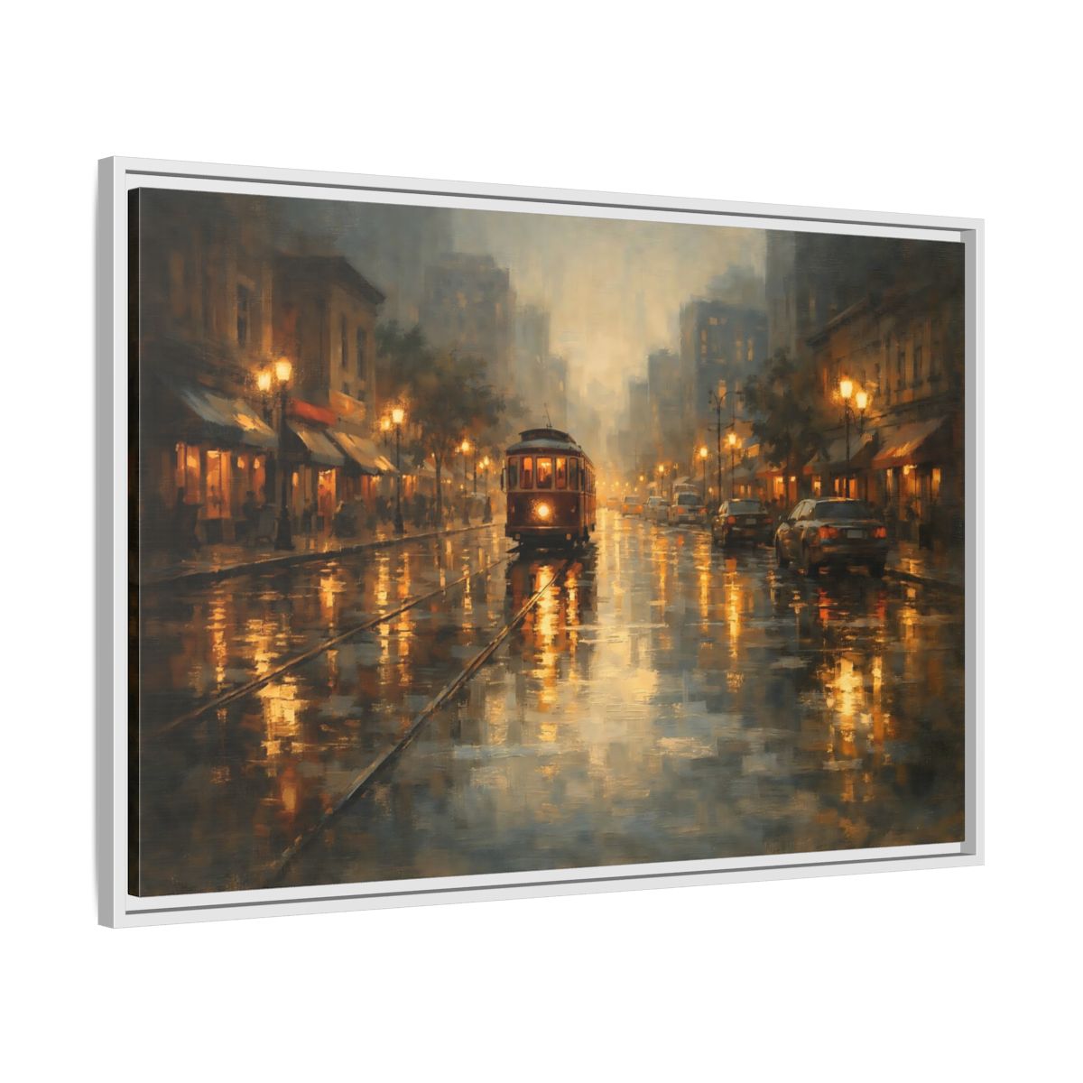 Side Mockup 8. Vintage Tram Warm Orange City shown as stretched canvas wall art