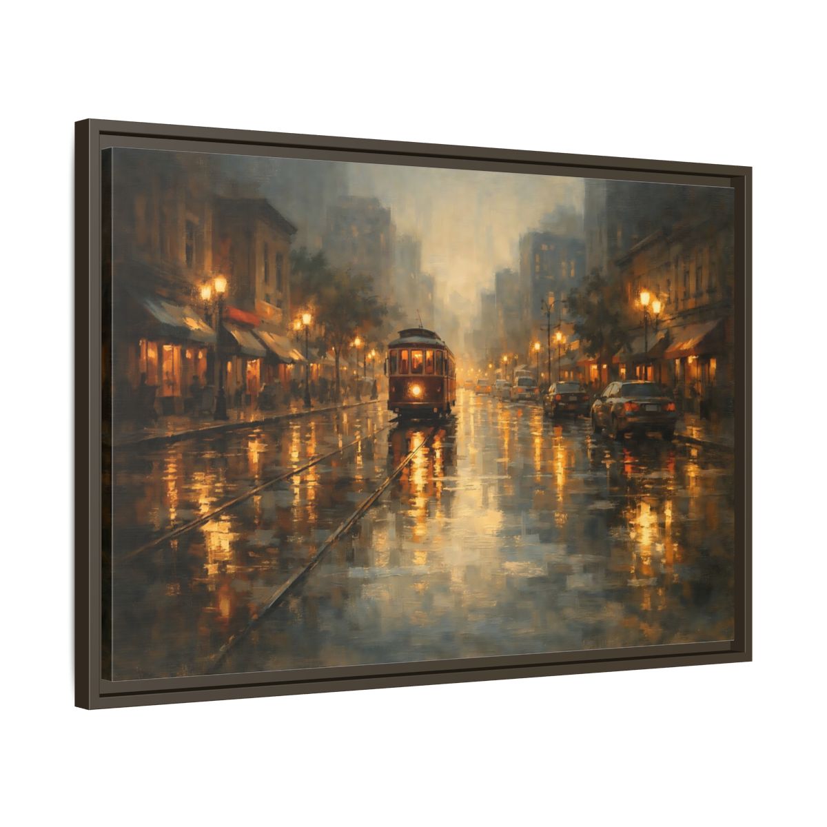 Side Mockup 11. Vintage Tram Warm Orange City shown as stretched canvas wall art