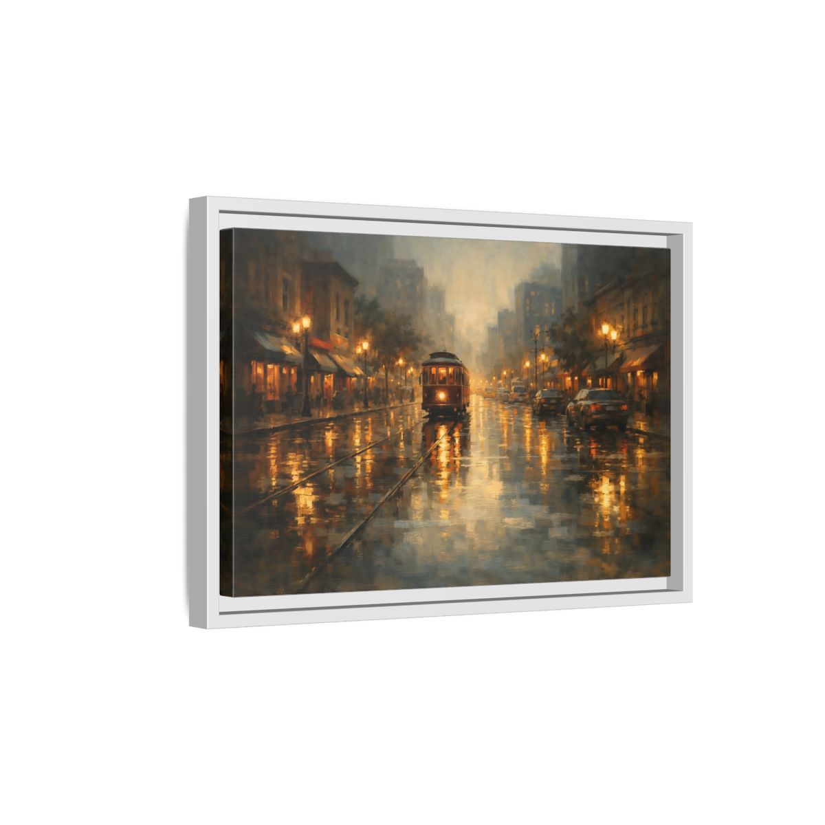 Side Mockup 4. Vintage Tram Warm Orange City shown as stretched canvas wall art