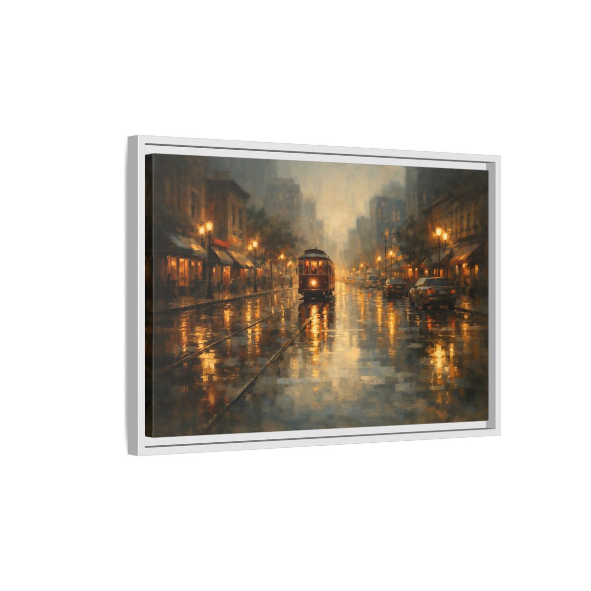 Side Mockup 1. Vintage Tram Warm Orange City shown as stretched canvas wall art