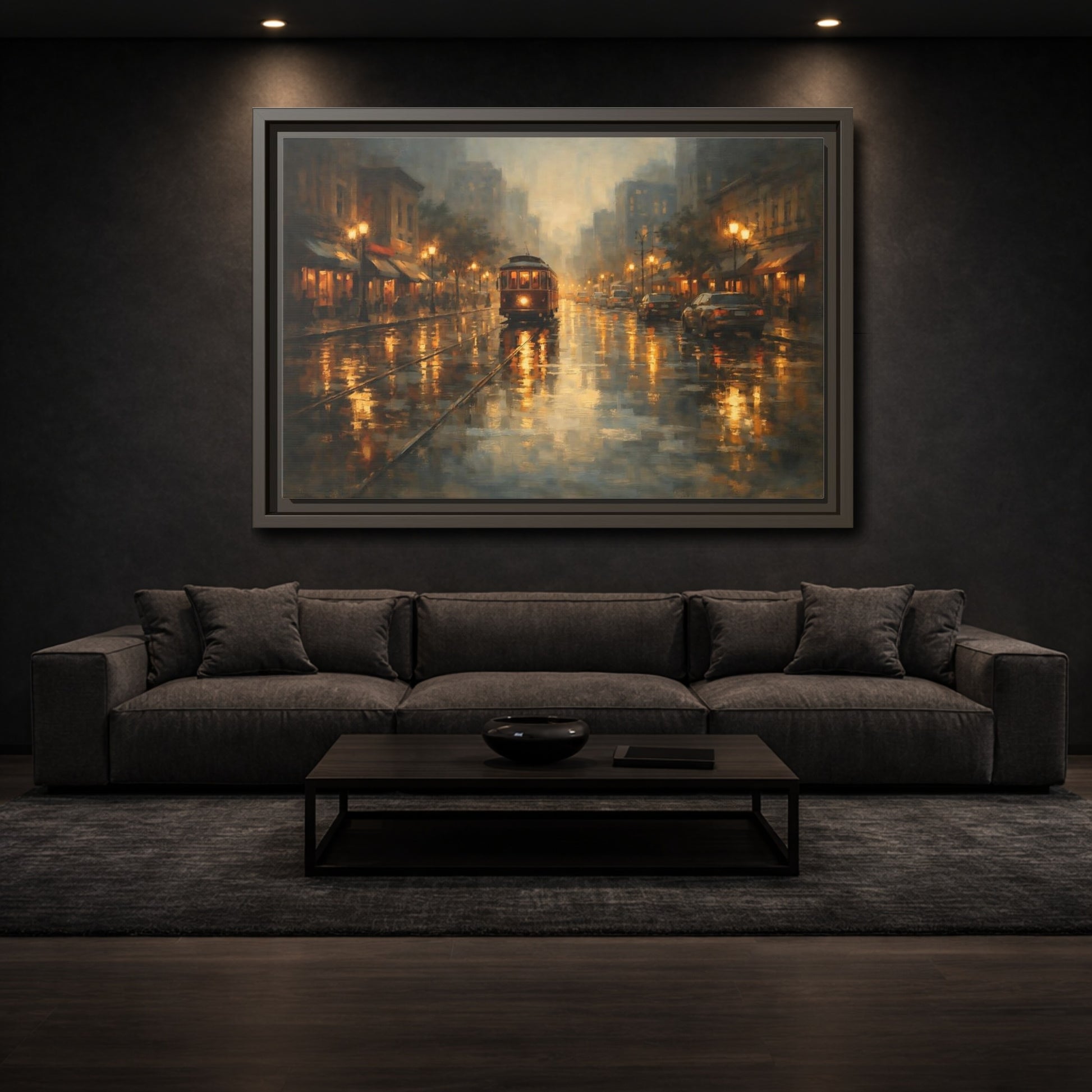 Mockup 2. Vintage Tram Warm Orange City shown as stretched canvas wall art