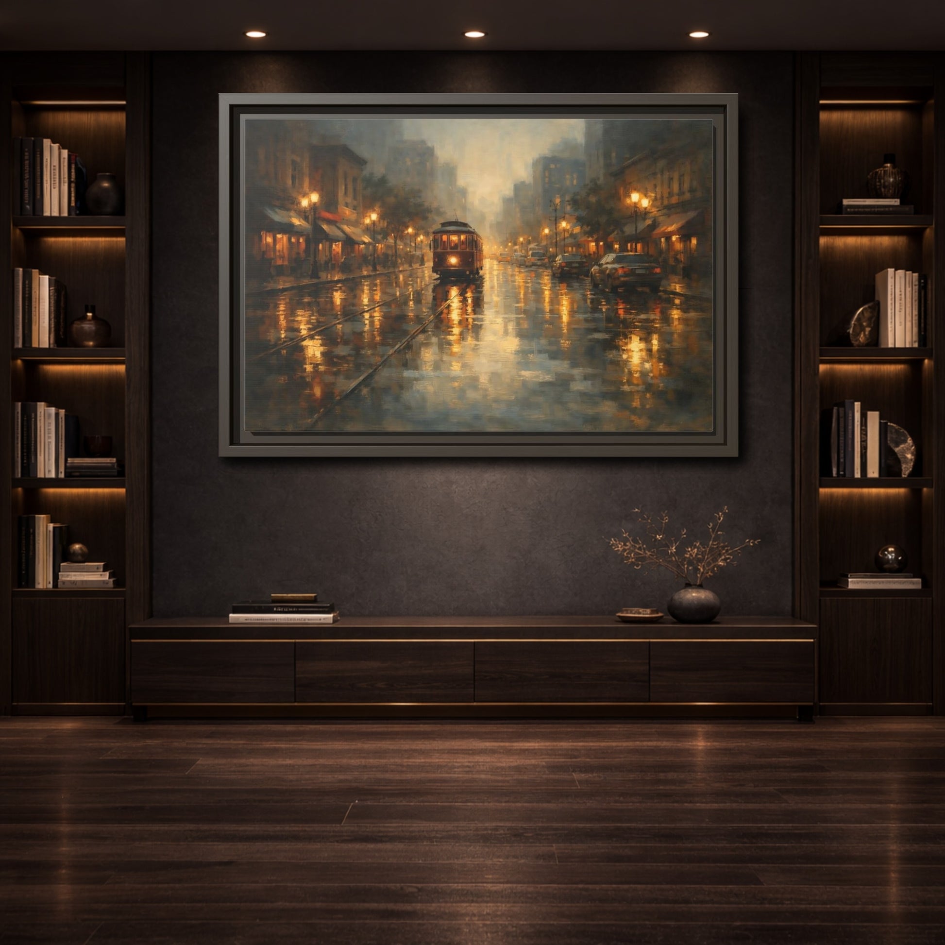 Mockup 3. Vintage Tram Warm Orange City shown as stretched canvas wall art