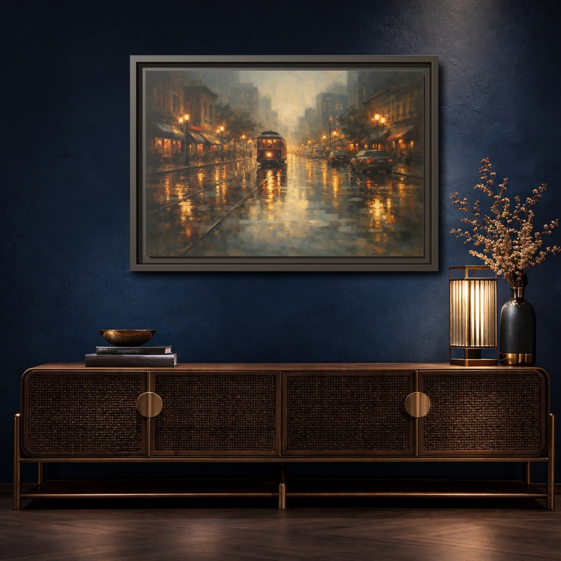 Mockup 4. Vintage Tram Warm Orange City shown as stretched canvas wall art