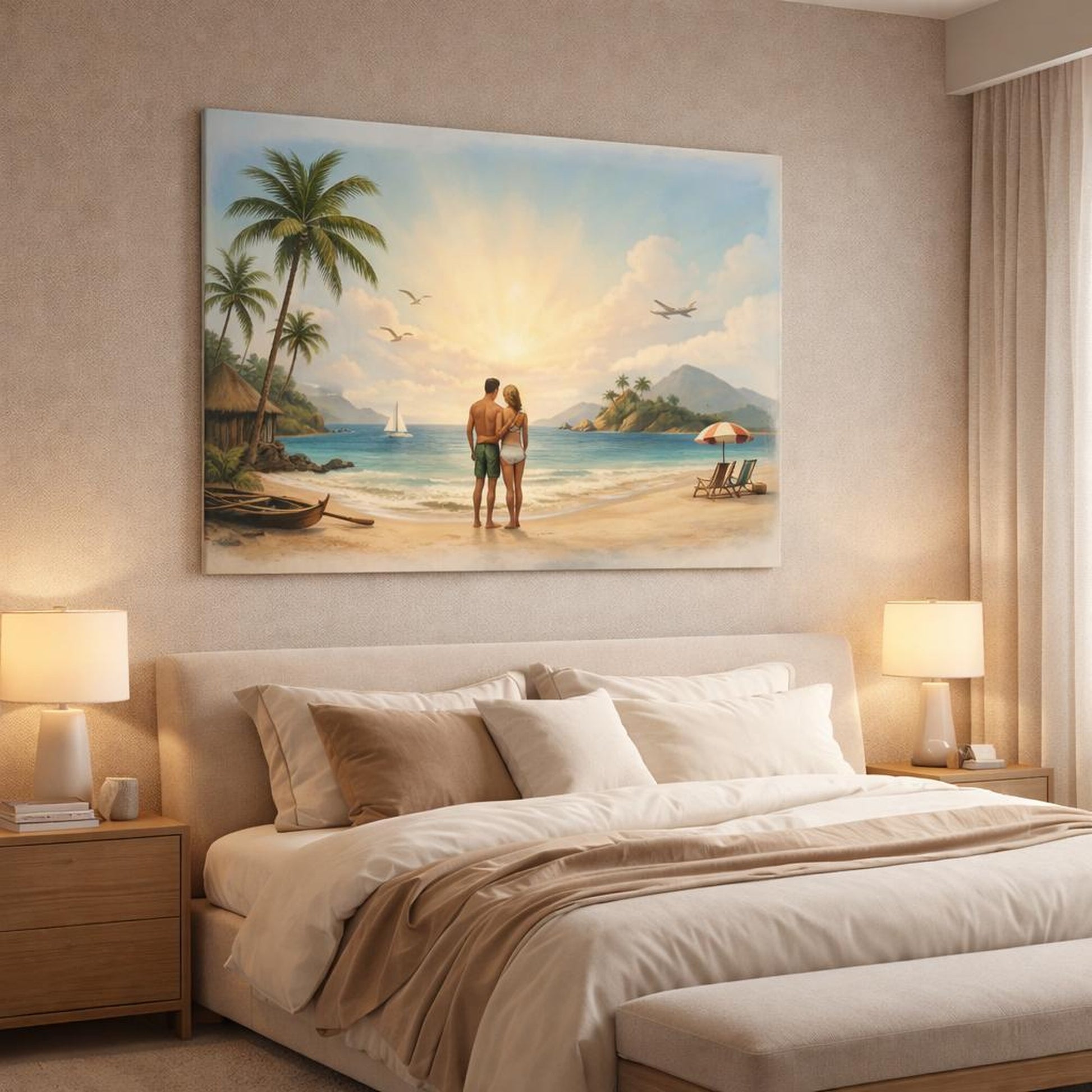 Vintage Tropical Beach shown as canvas wall art in a luxury bedroom