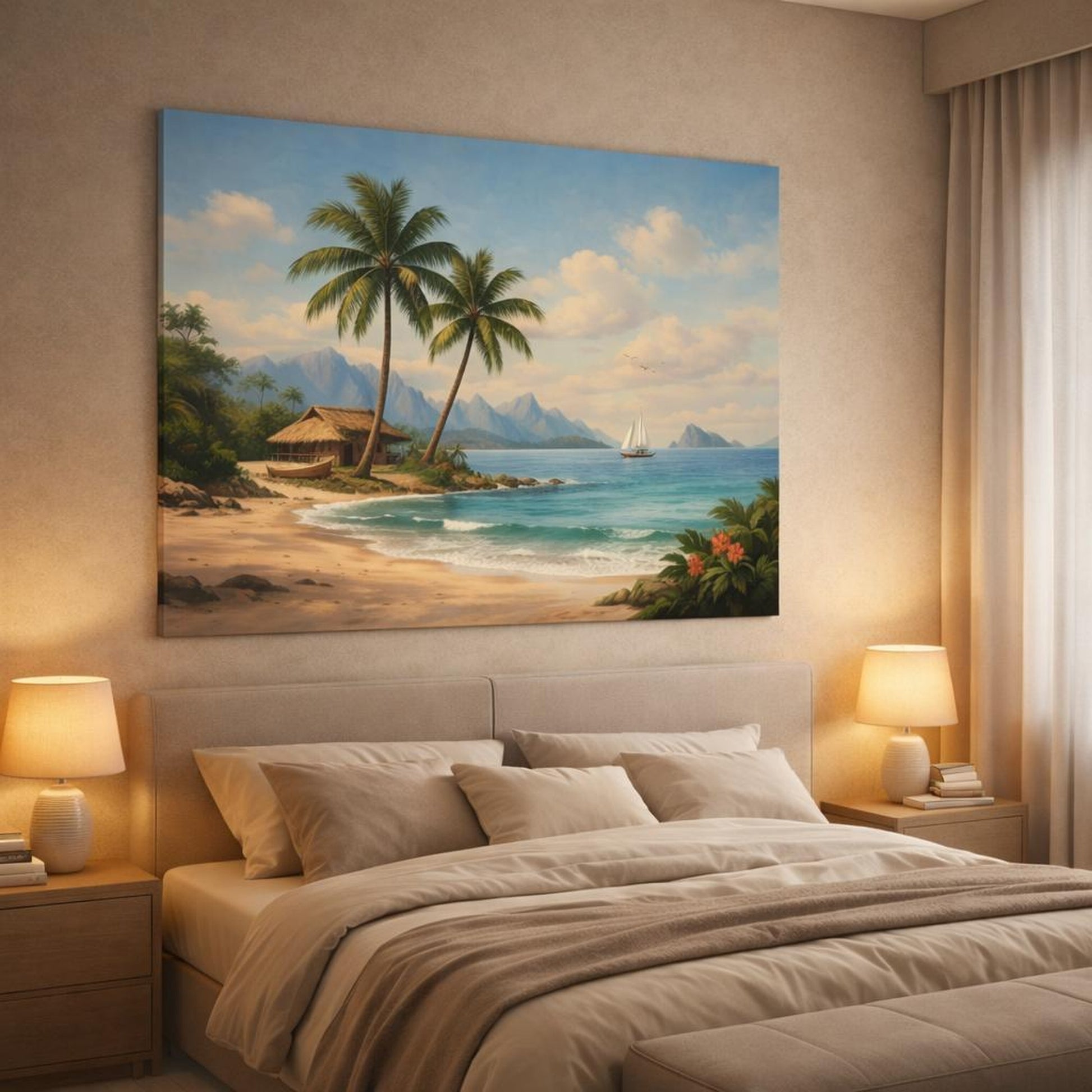 Vintage Tropical Beach shown as canvas wall art in a luxury bedroom