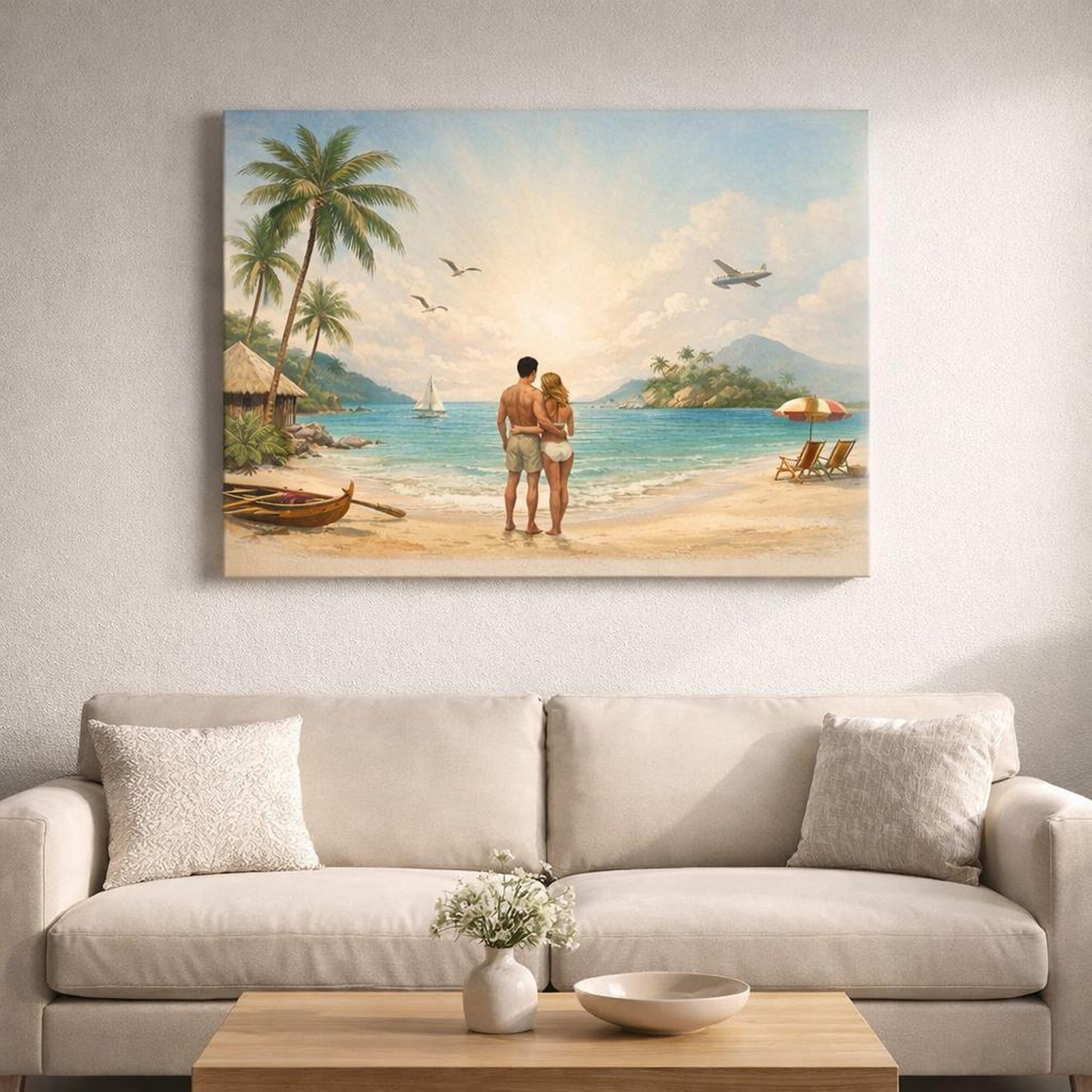 Vintage Tropical Beach shown as canvas wall art in a refined dining room