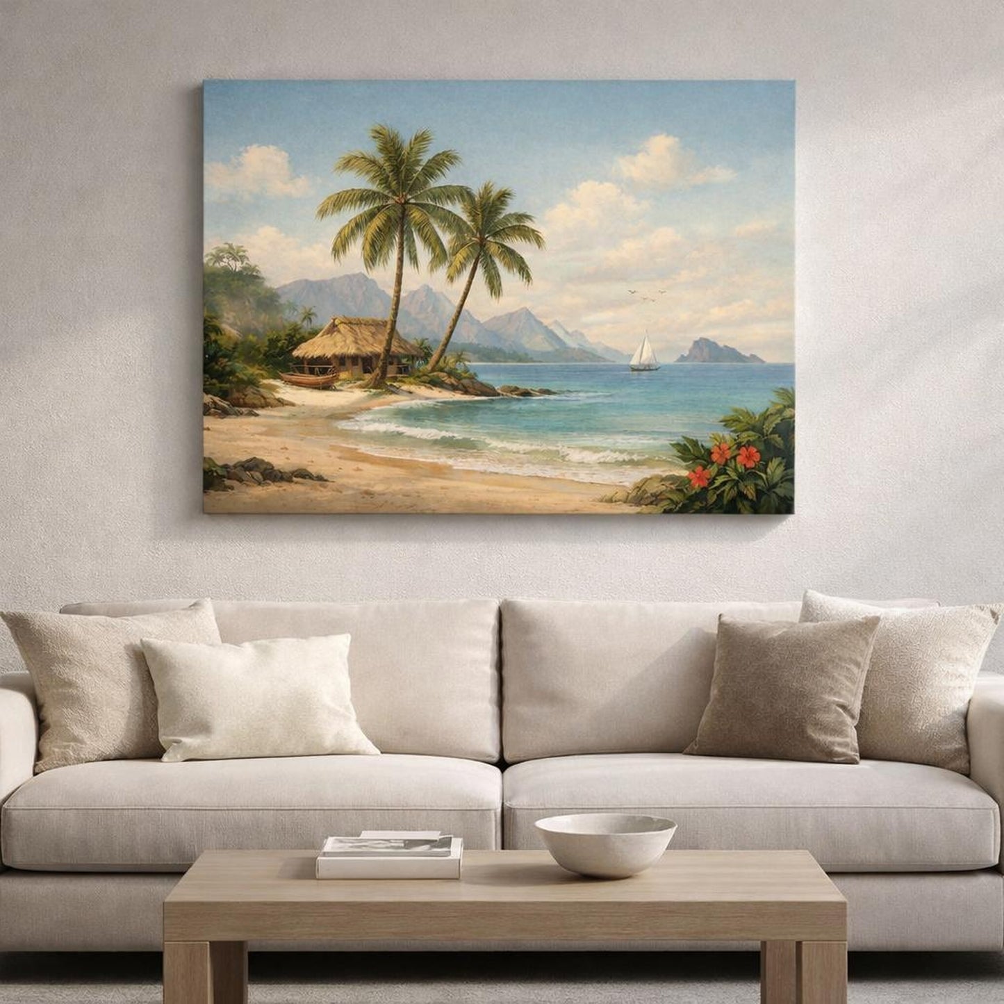 Vintage Tropical Beach shown as canvas wall art in a refined dining room