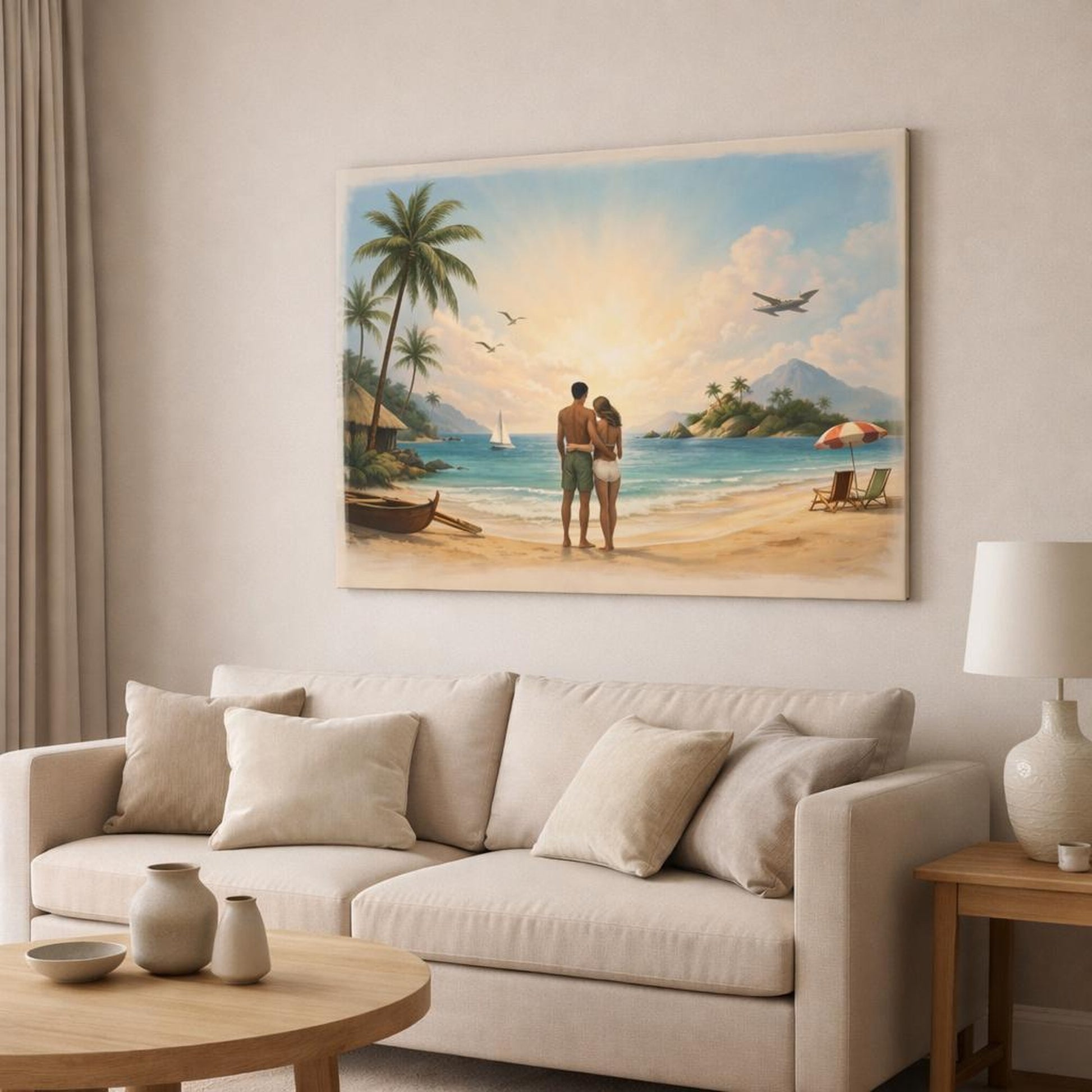 Vintage Tropical Beach shown as canvas wall art in a modern living room