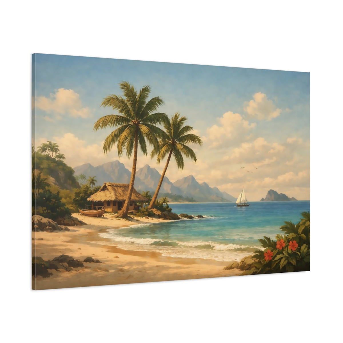 Vintage Tropical Beach shown as stretched canvas wall art