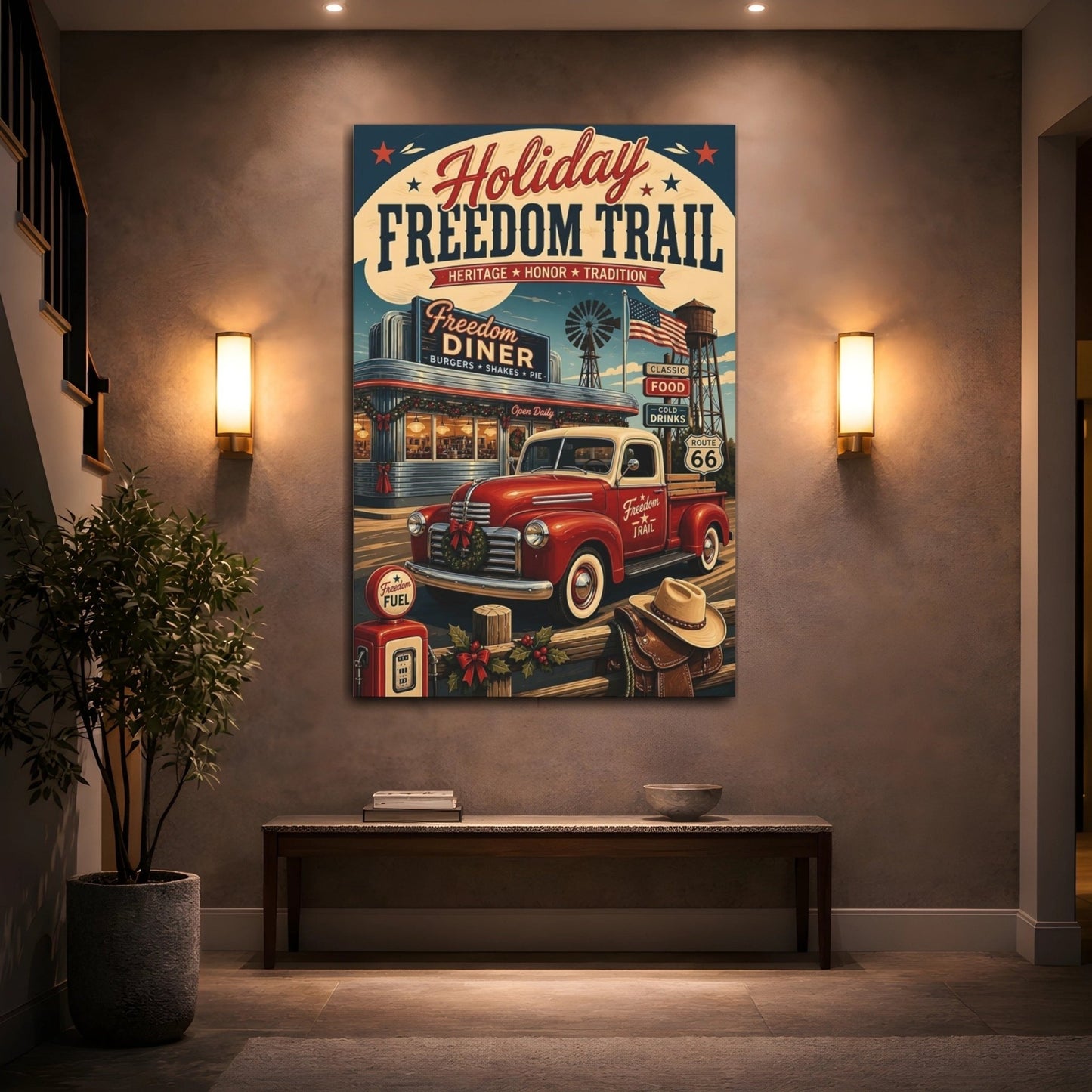 Vintage Truck Red Holiday Canvas Print – Living Room, Above Console Table - YesArtYes