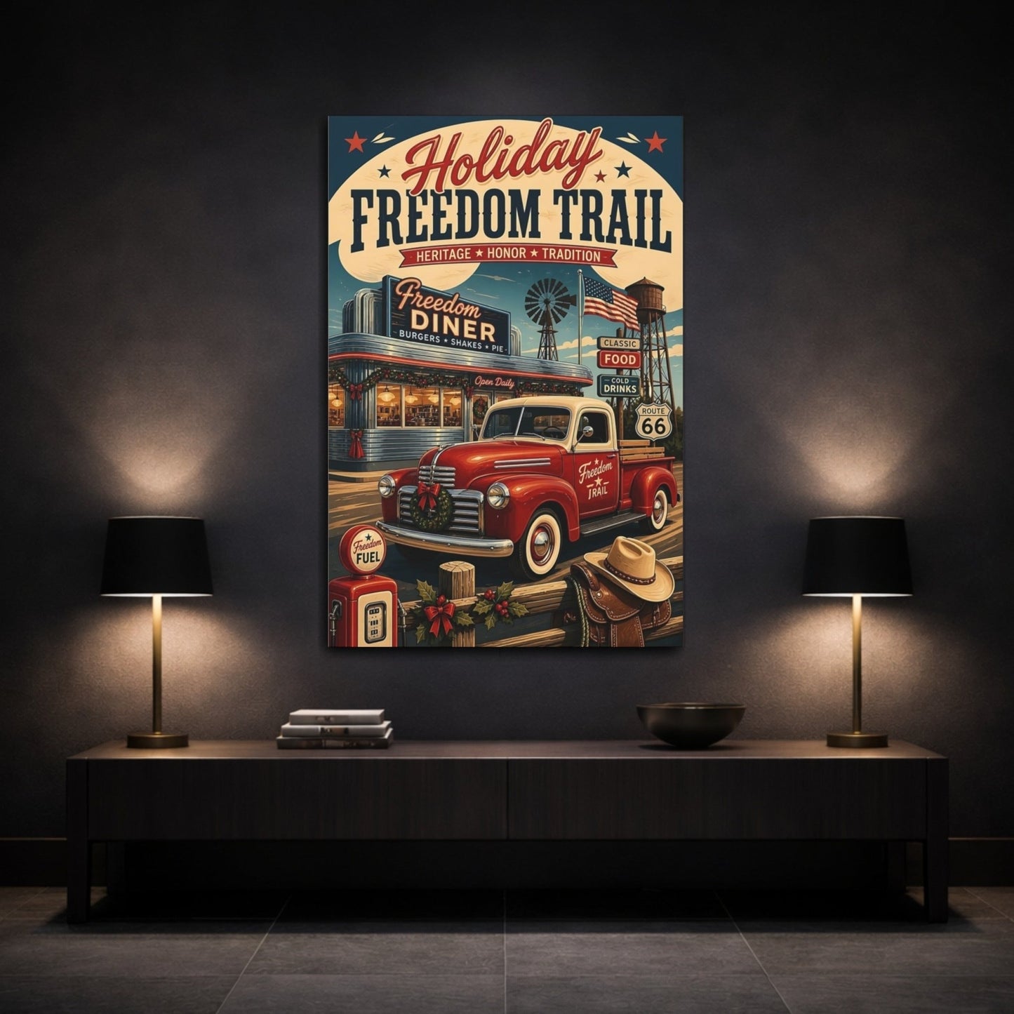 Vintage Truck Red Holiday Canvas Print – Living Room, Above Console Table - YesArtYes
