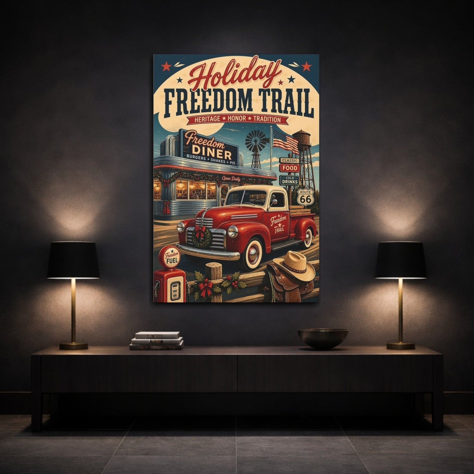 Vintage Truck Red Holiday Canvas Print – Living Room, Above Console Table - YesArtYes