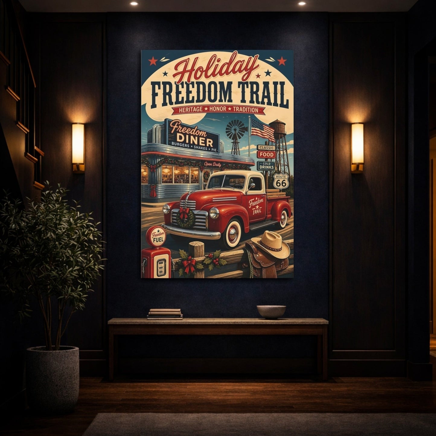 Vintage Truck Red Holiday Canvas Print – Living Room, Above Console Table - YesArtYes
