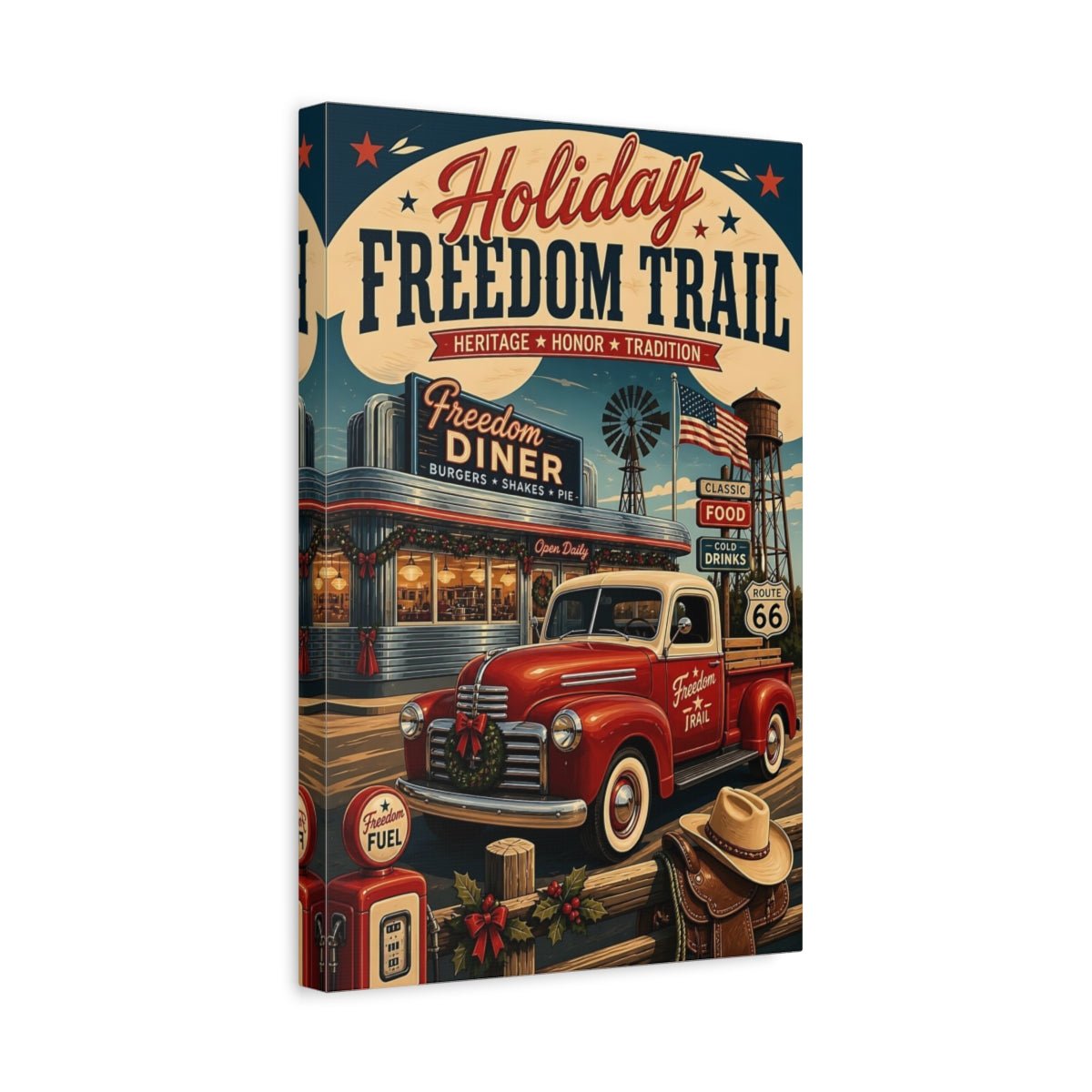 Vintage Truck Red Holiday Canvas Print – Living Room, Above Console Table - YesArtYes